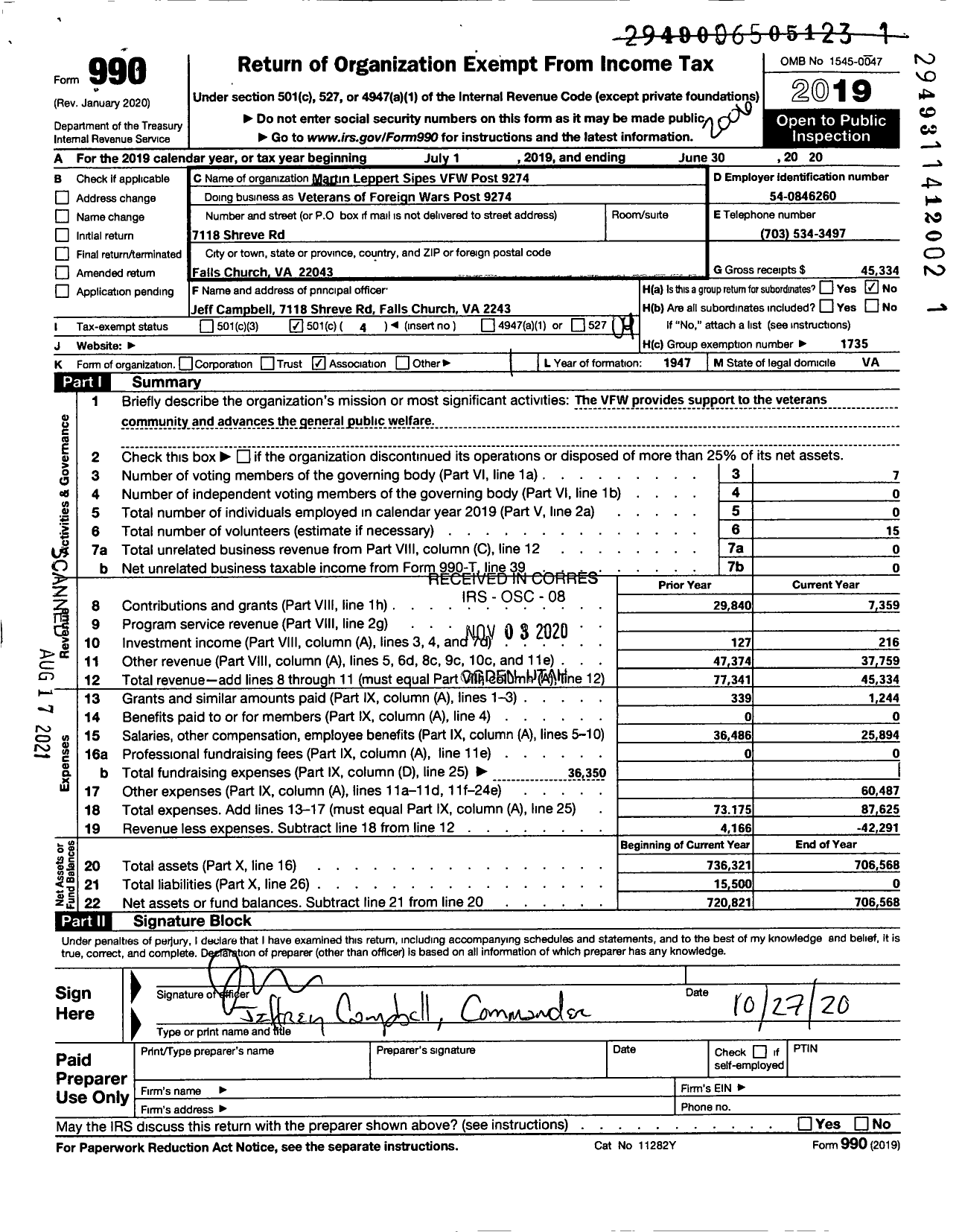 Image of first page of 2019 Form 990O for VFW Virginia - VFW Post 9274