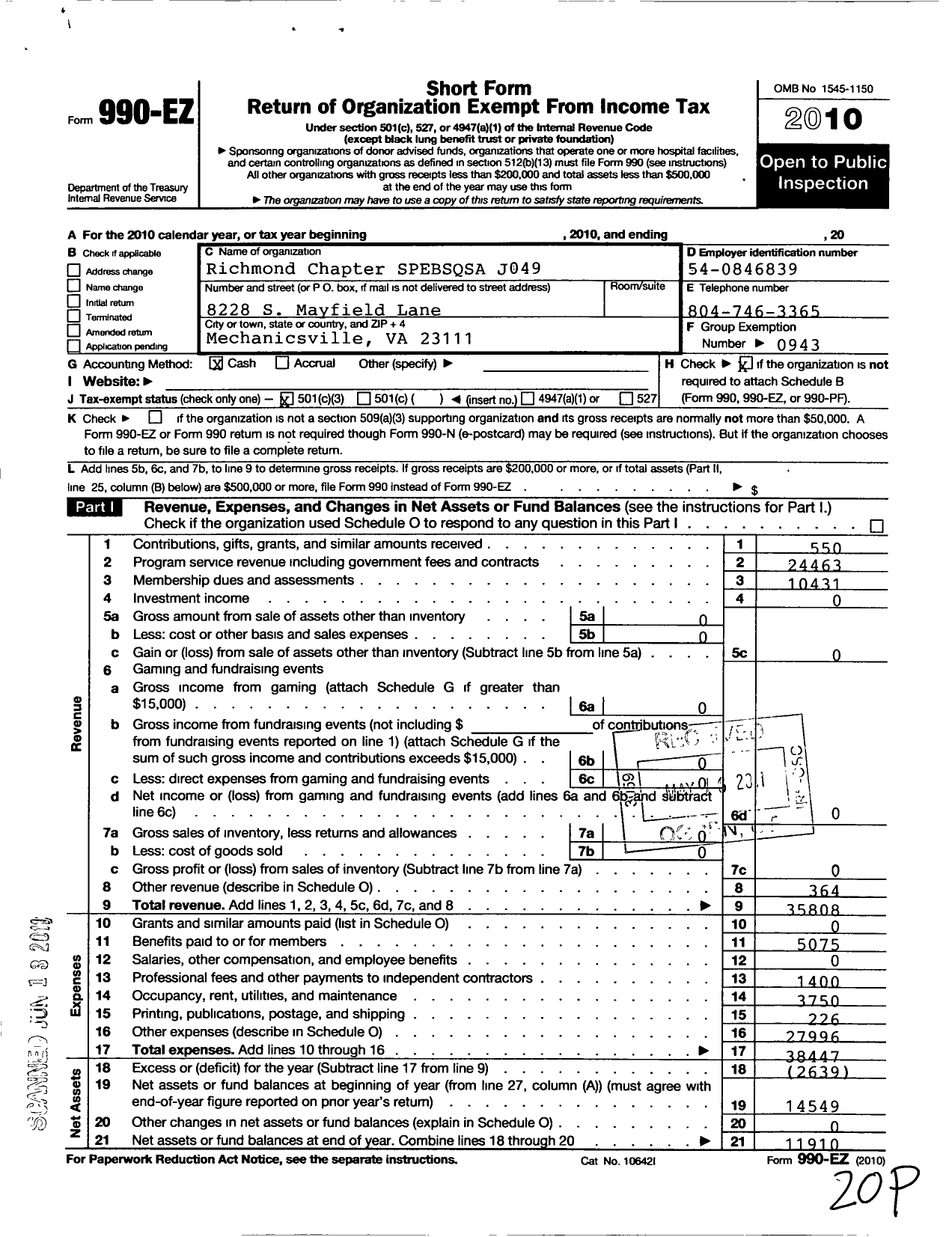 Image of first page of 2010 Form 990EZ for Barbershop Harmony Society - J049 Richmond