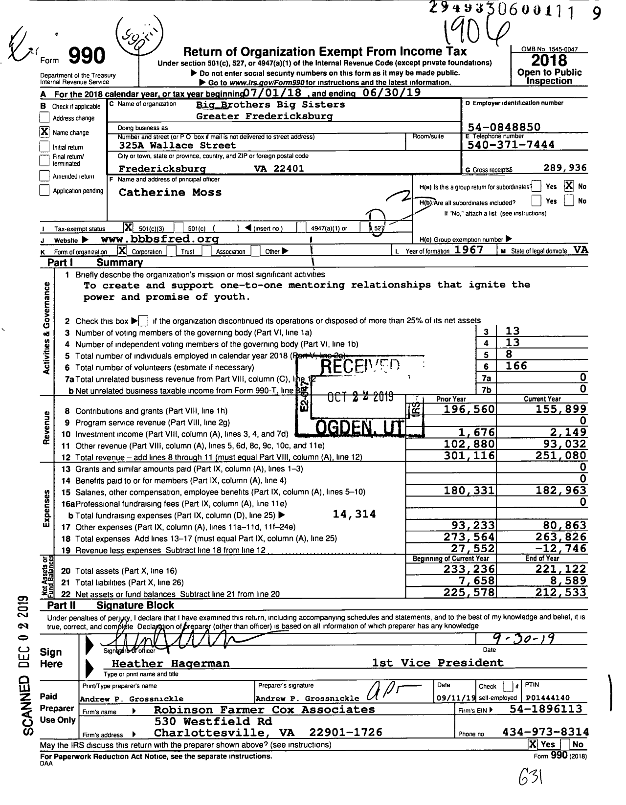 Image of first page of 2018 Form 990 for Big Brothers Big Sisters Greater Fredericksburg