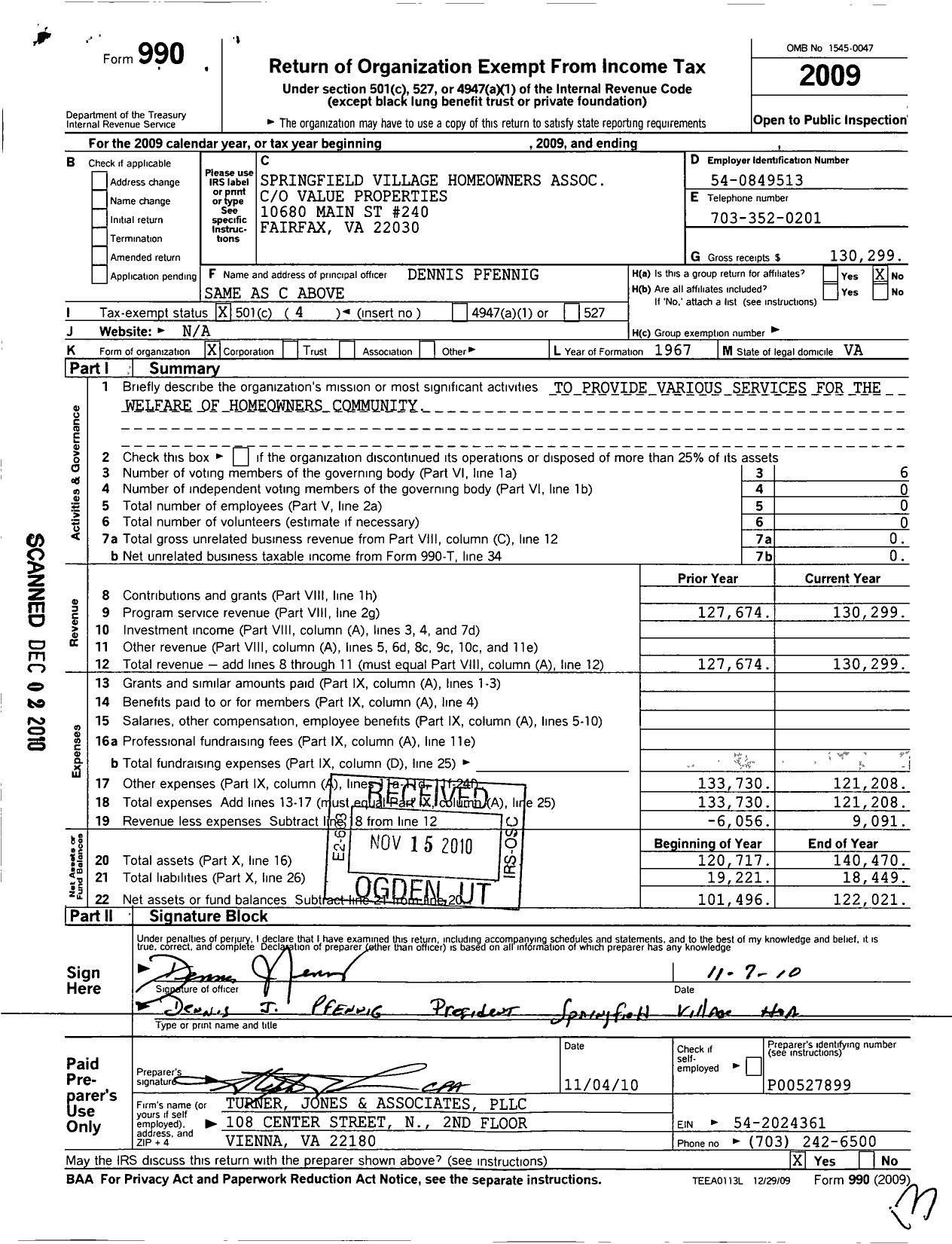 Image of first page of 2009 Form 990O for Springfield Village Homeowners Association