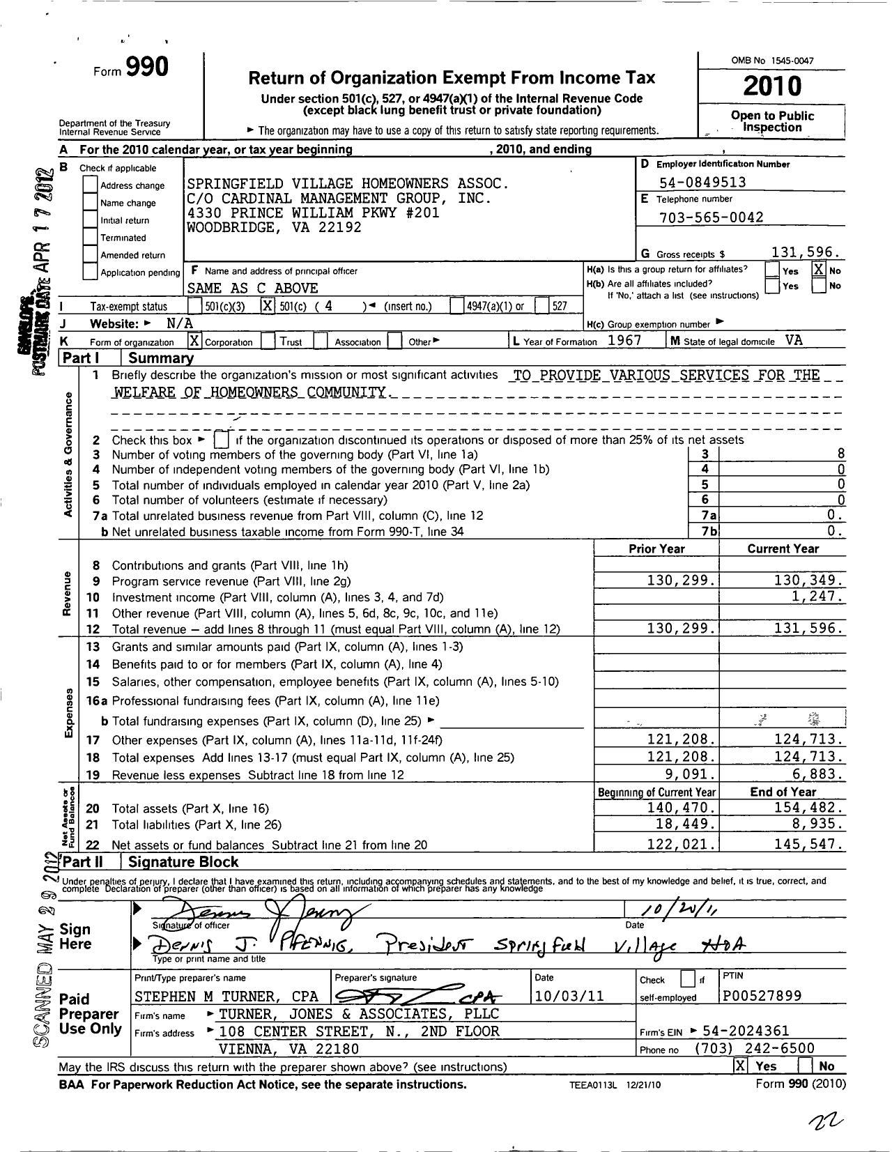 Image of first page of 2010 Form 990O for Springfield Village Homeowners Association