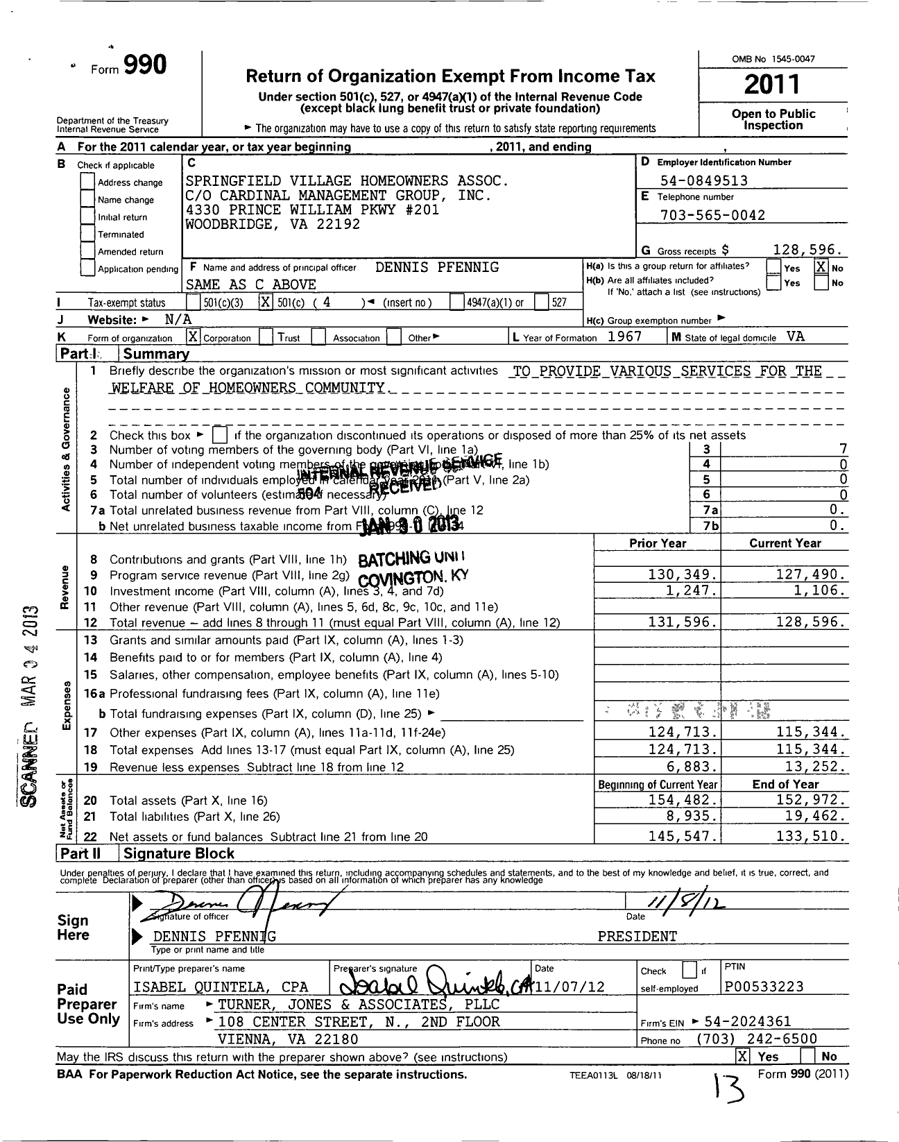 Image of first page of 2011 Form 990O for Springfield Village Homeowners Association