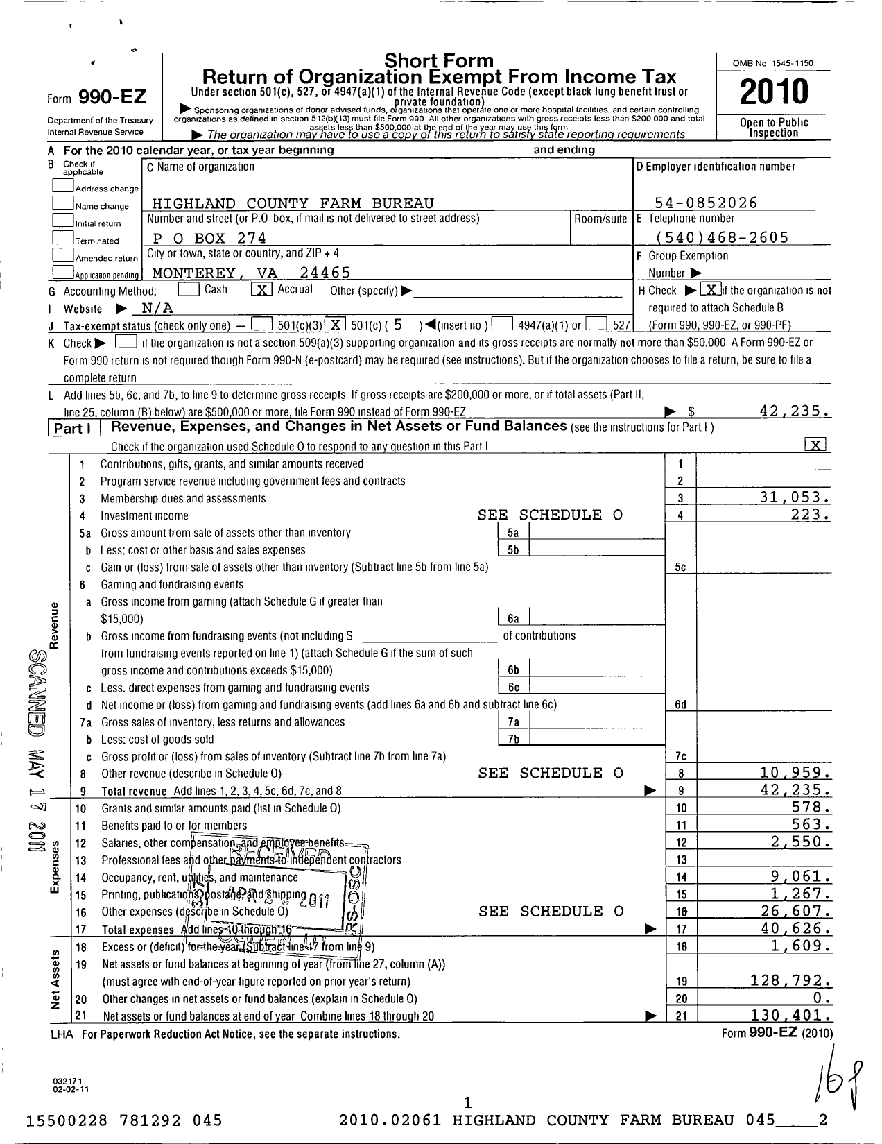 Image of first page of 2010 Form 990EO for Highland County Farm Bureau