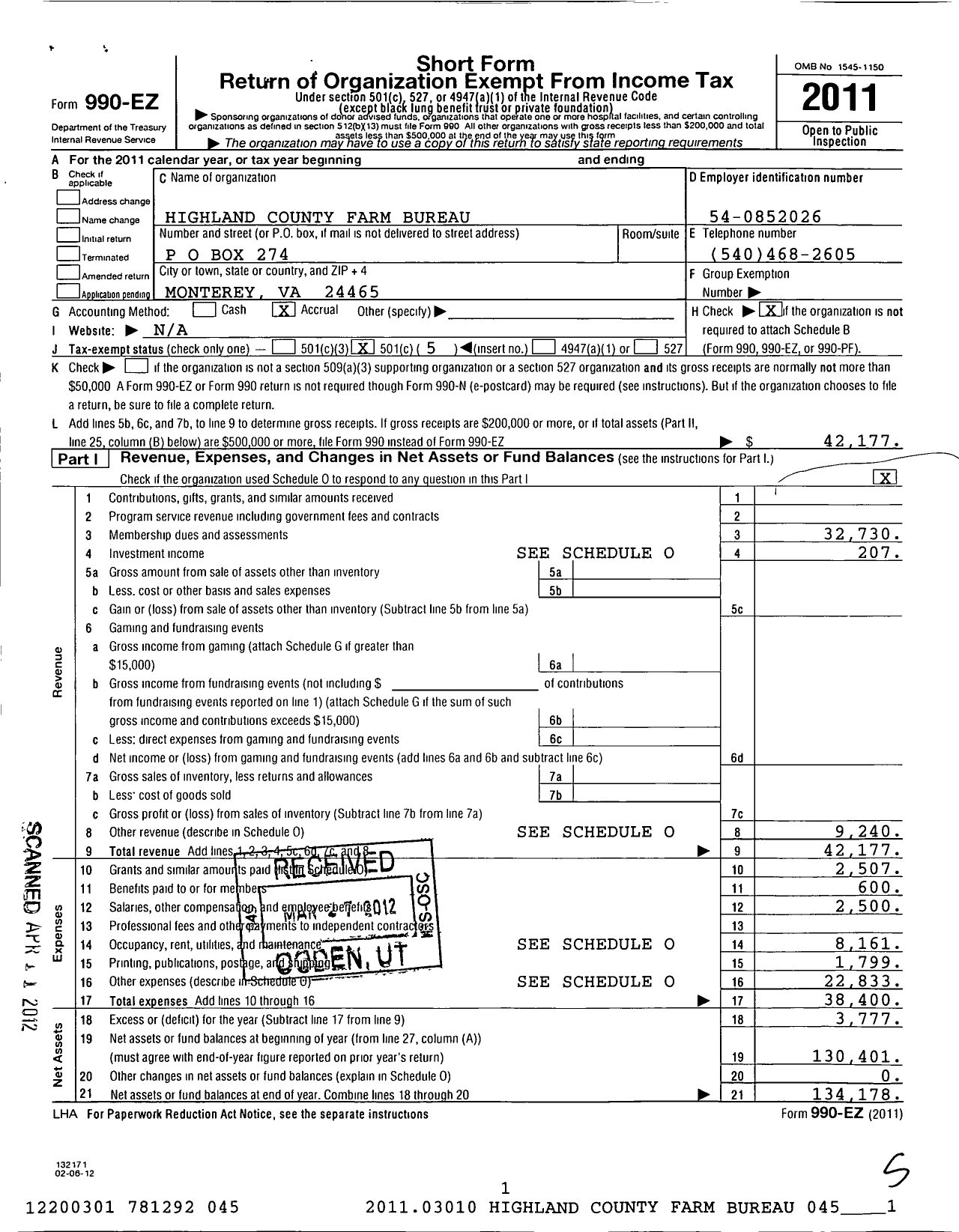 Image of first page of 2011 Form 990EO for Highland County Farm Bureau