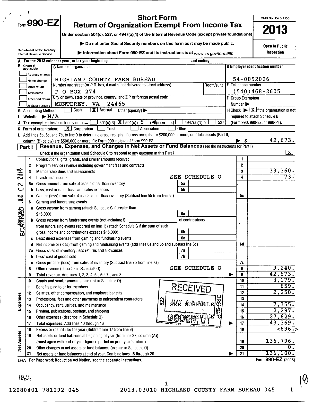 Image of first page of 2013 Form 990EO for Highland County Farm Bureau