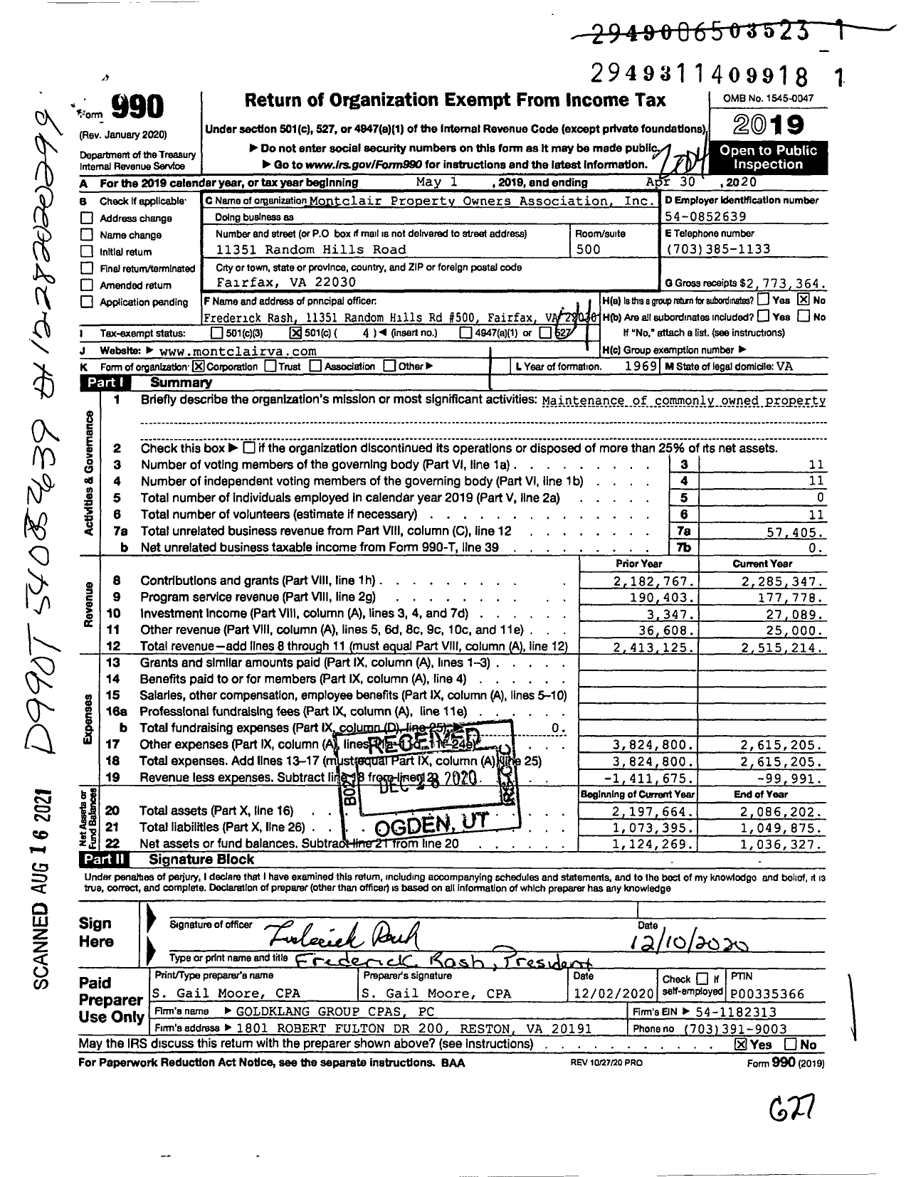 Image of first page of 2019 Form 990O for Montclair Property Owners Association