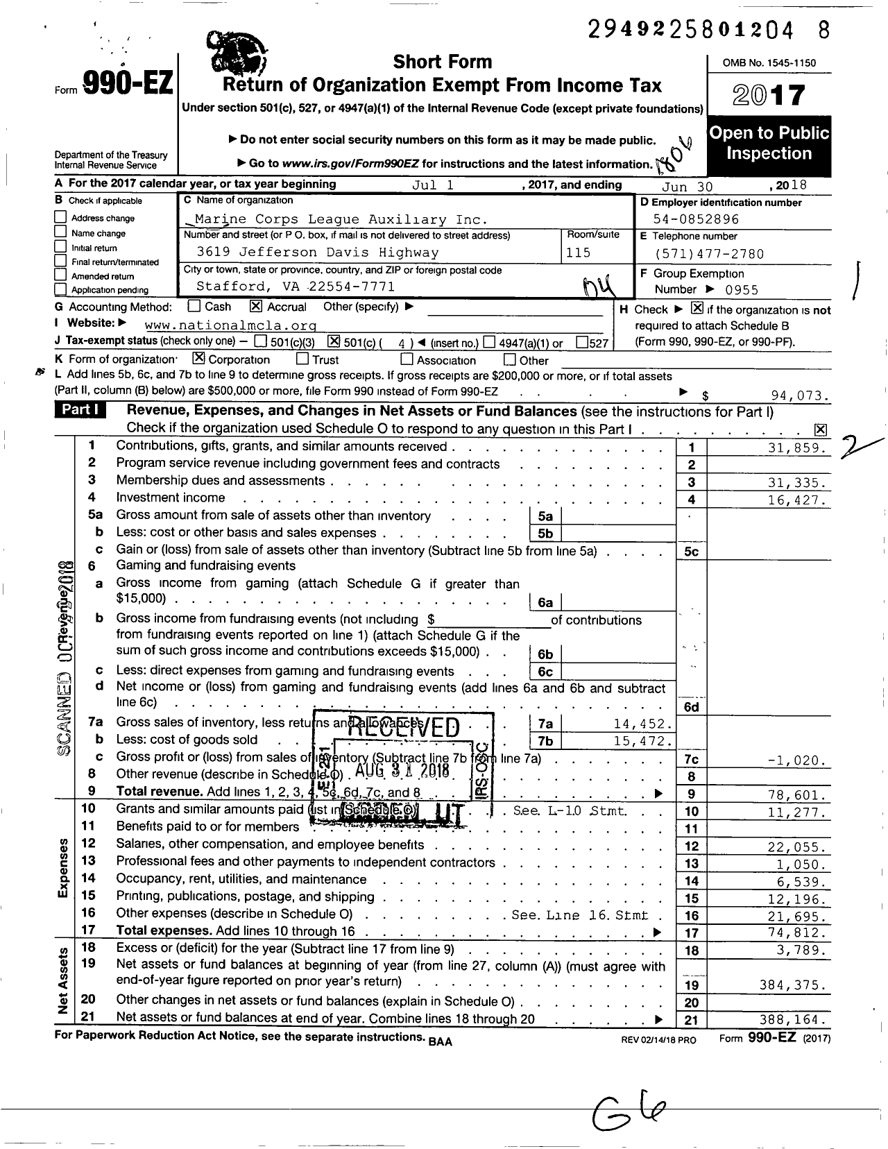 Image of first page of 2017 Form 990EO for Marine Corps League - Mcla National Headquarters