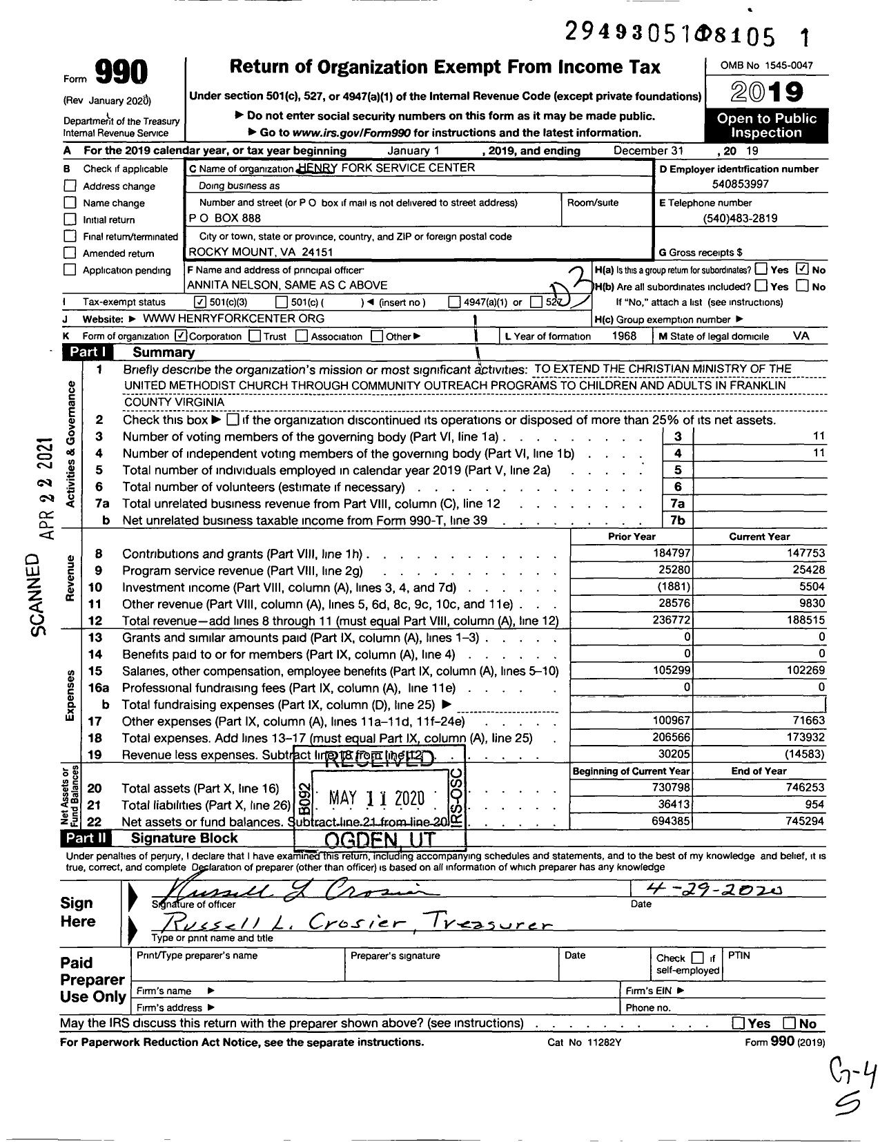 Image of first page of 2019 Form 990 for Henry Fork Service Center