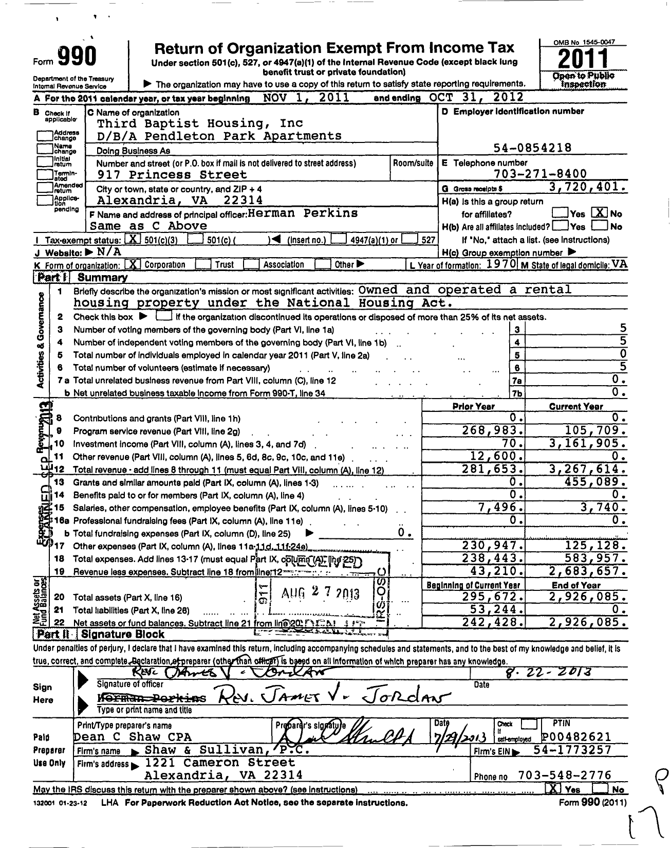 Image of first page of 2011 Form 990 for Third Baptist Housing