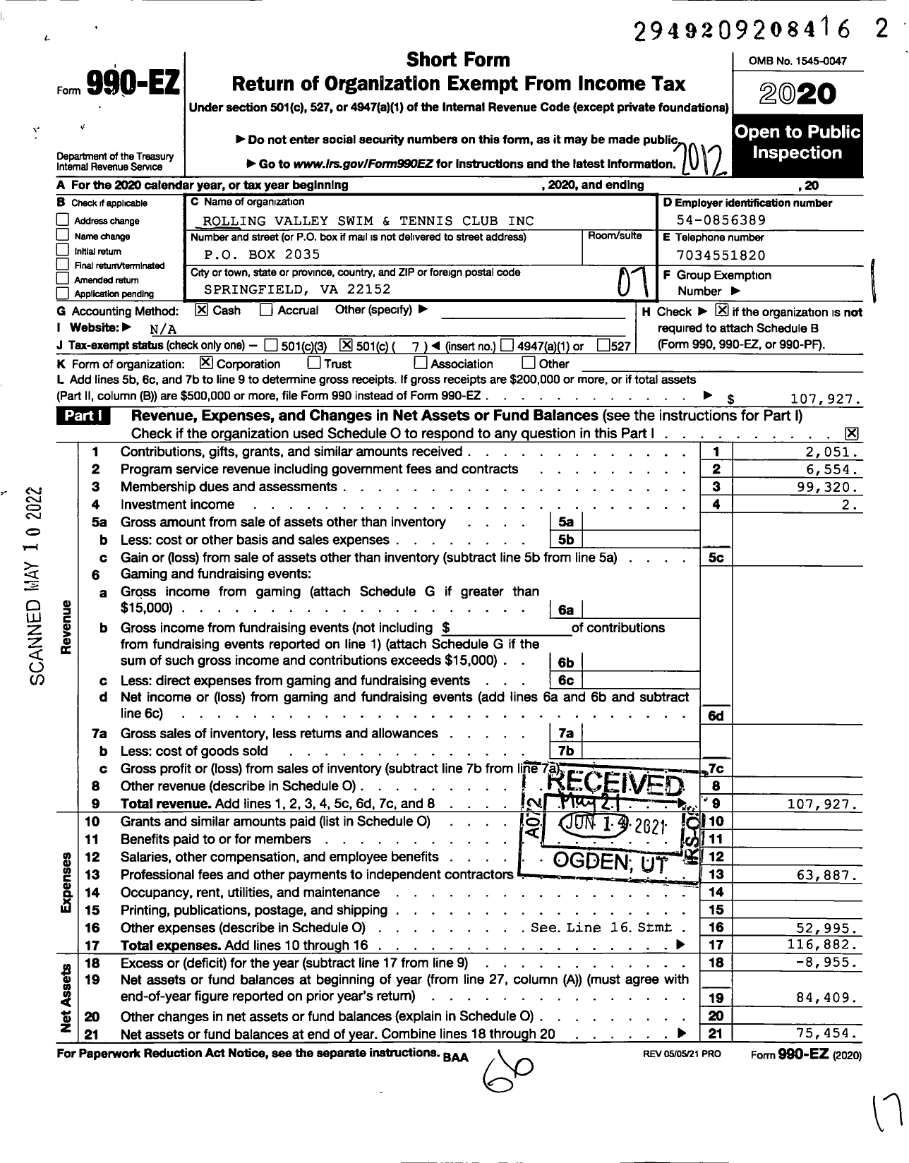 Image of first page of 2020 Form 990EO for Rolling Valley Swim Club