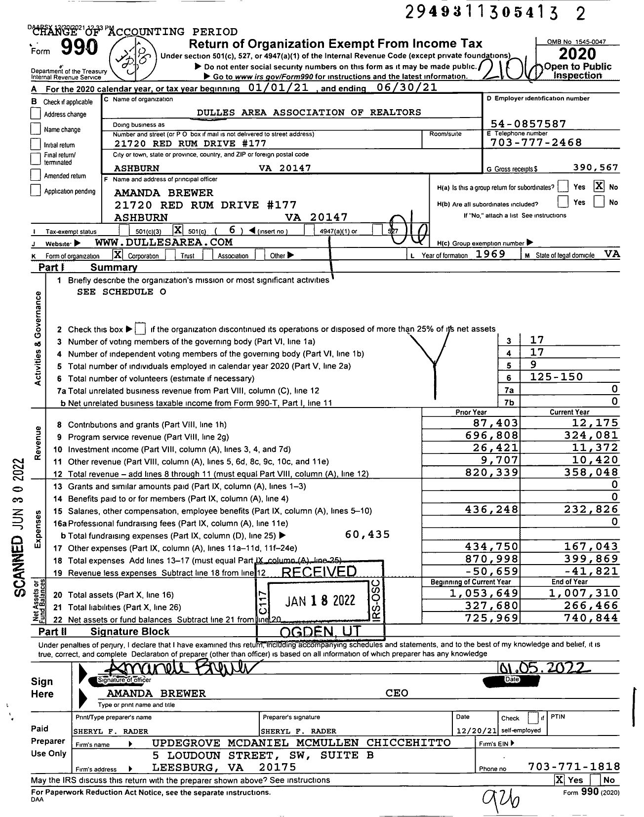 Image of first page of 2020 Form 990O for Dulles Area Association of Realtors (DAAR)