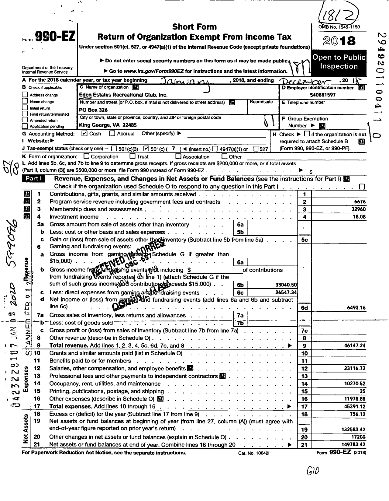 Image of first page of 2018 Form 990EO for Eden Estates Recreational Club