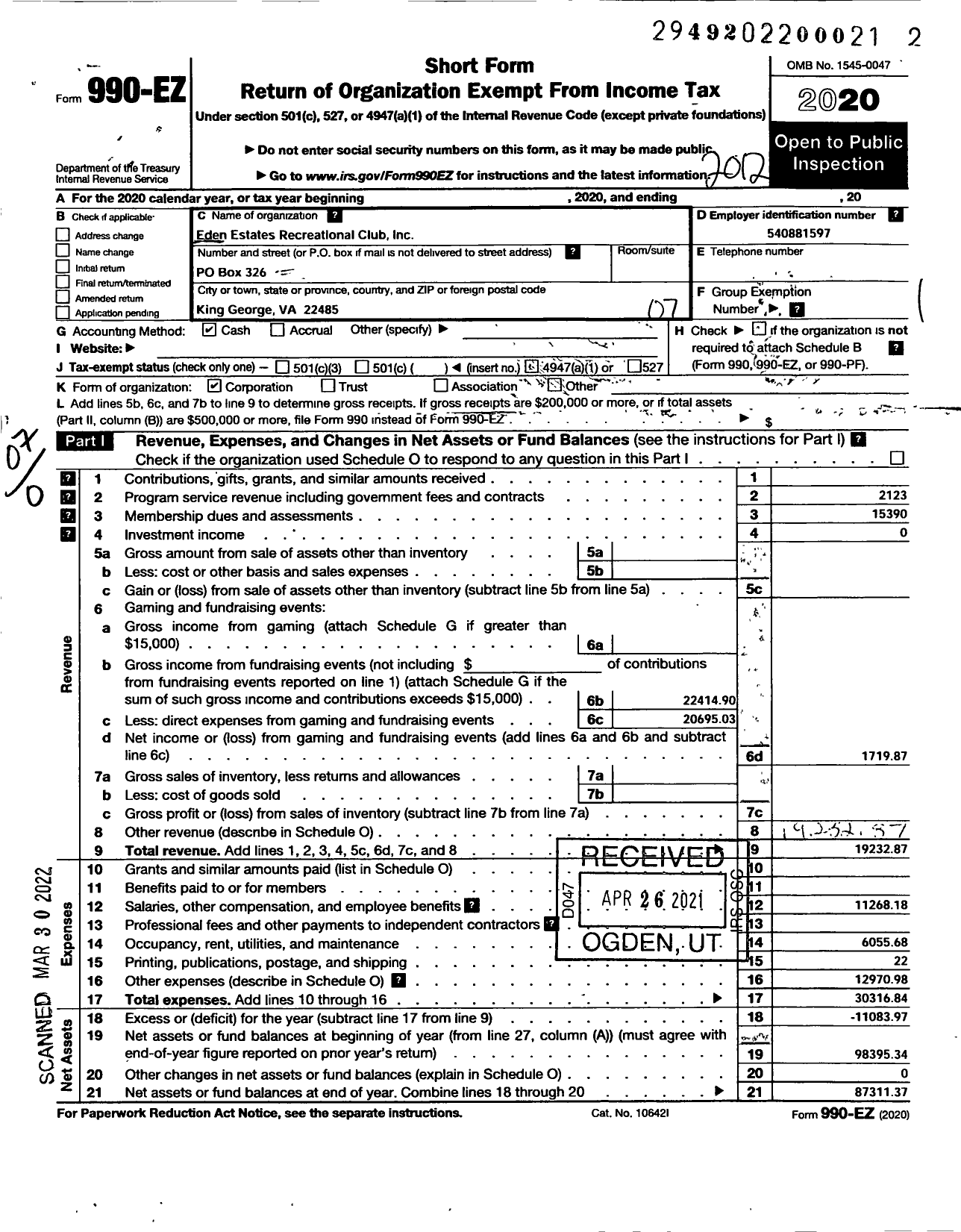 Image of first page of 2020 Form 990EO for Eden Estates Recreational Club