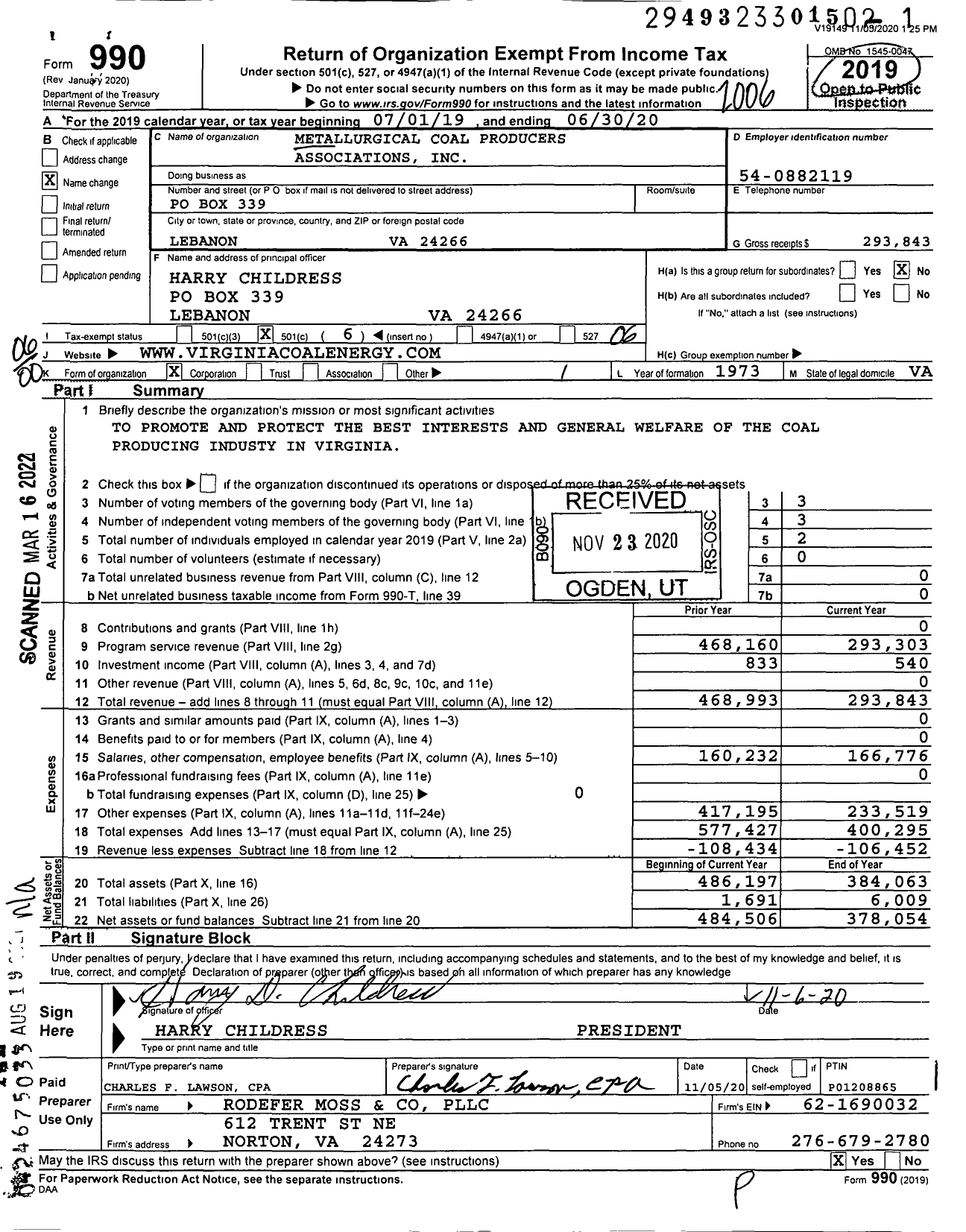 Image of first page of 2019 Form 990O for Metallurgical Coal Producers Associations