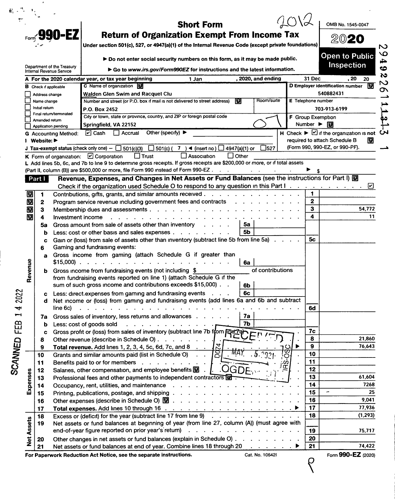 Image of first page of 2020 Form 990EO for Walden Glen Swim and Racquet Club