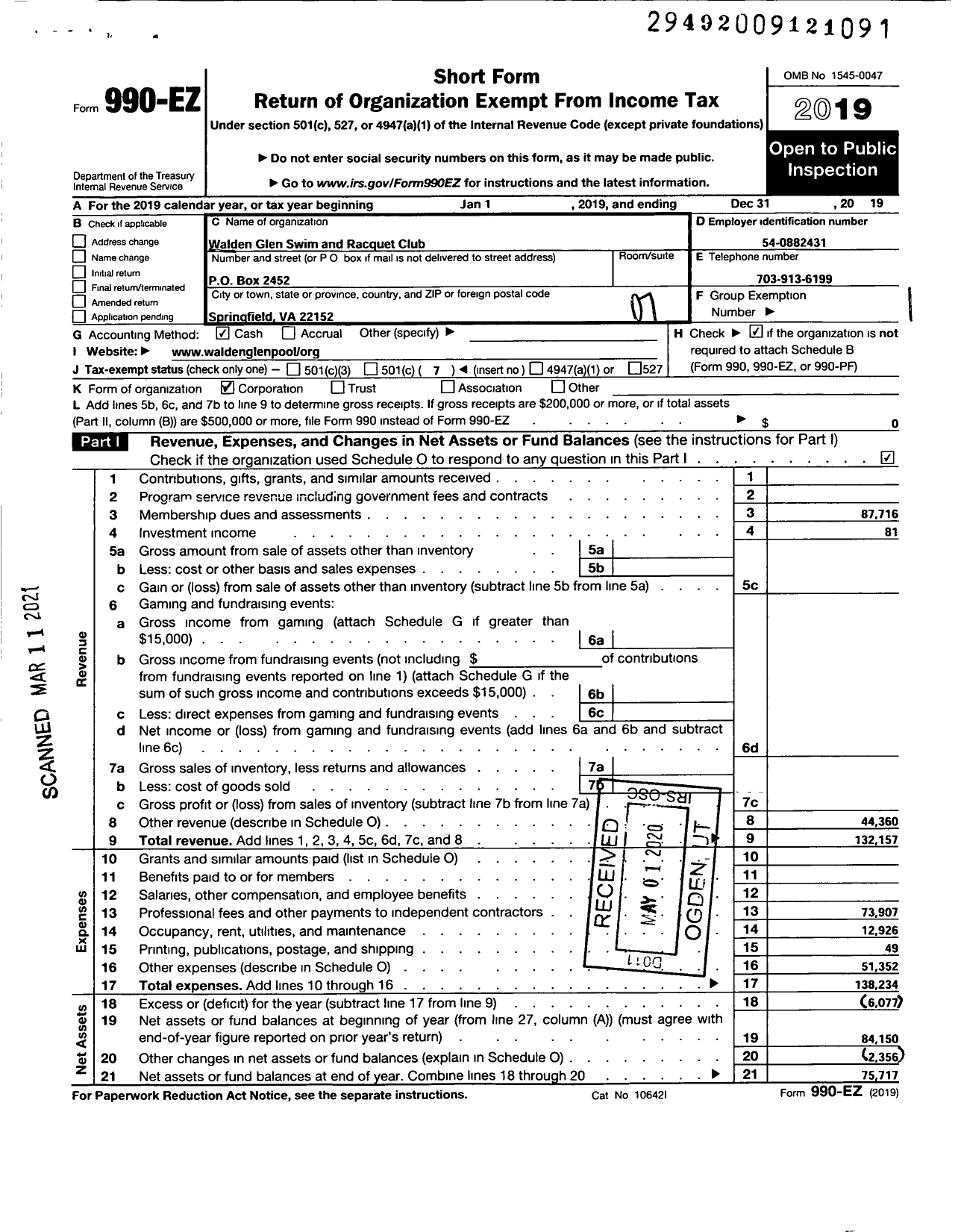 Image of first page of 2019 Form 990EO for Walden Glen Swim and Racquet Club