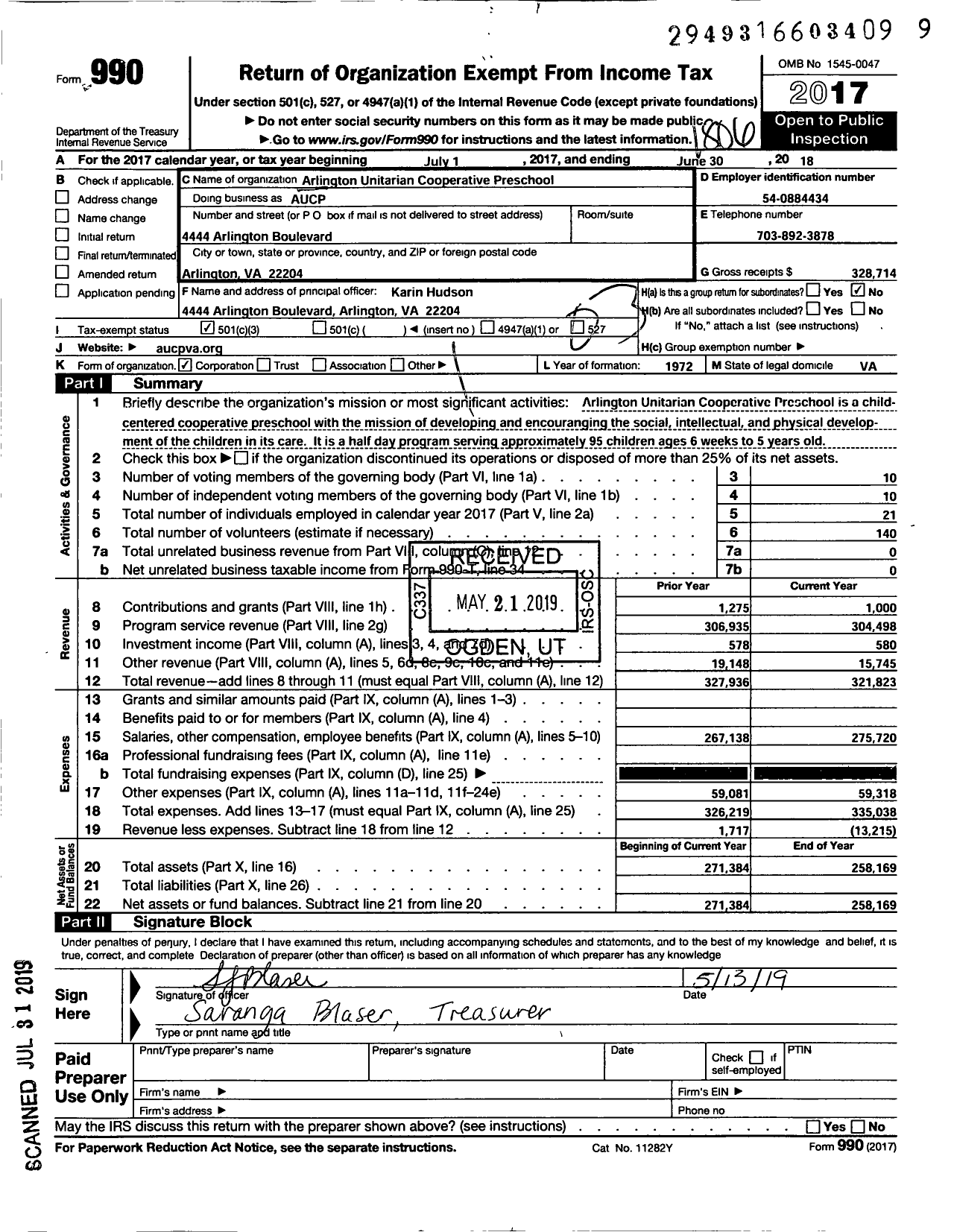 Image of first page of 2017 Form 990 for Arlington Unitarian Cooperative Preschool (AUCP)