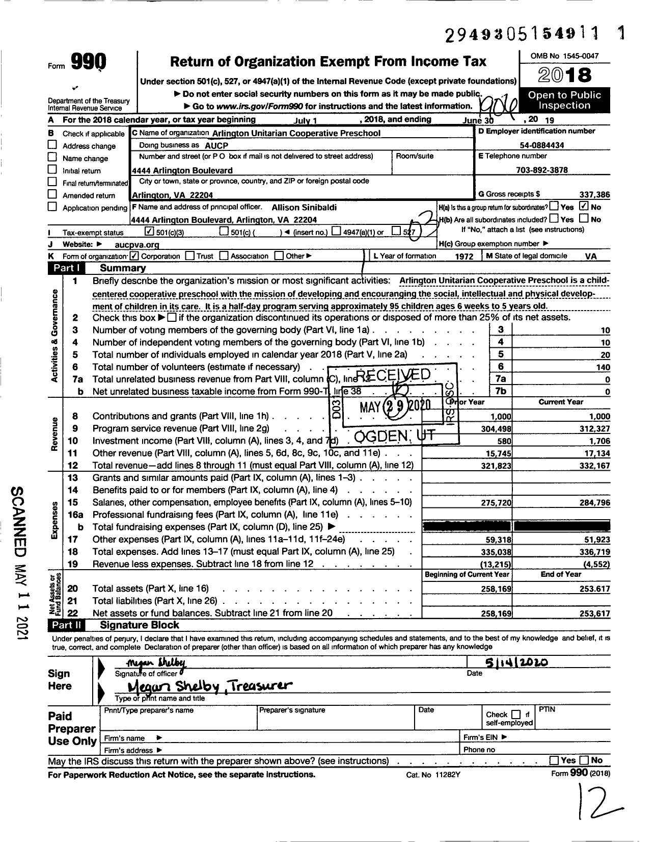 Image of first page of 2018 Form 990 for Arlington Unitarian Cooperative Preschool (AUCP)