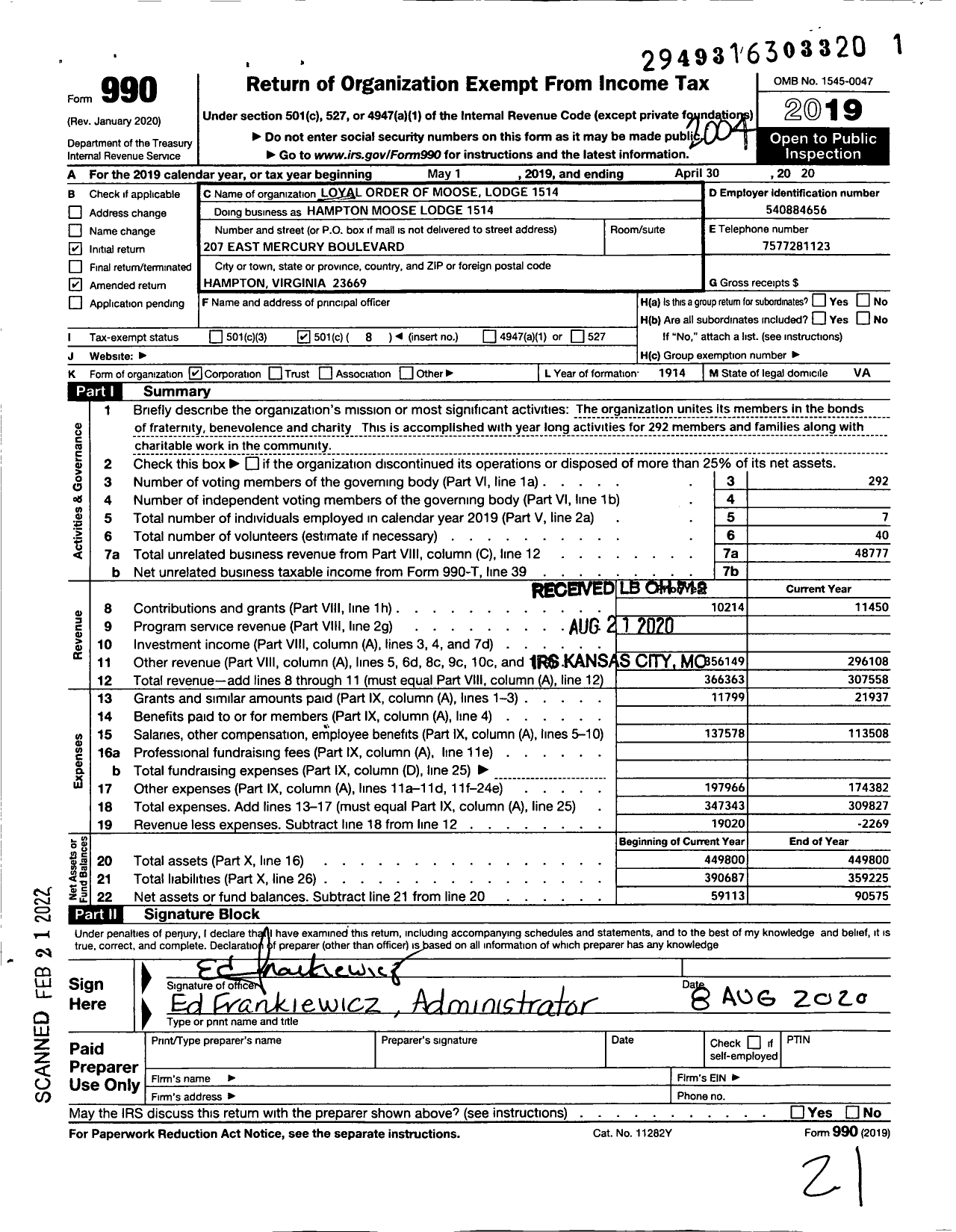 Image of first page of 2019 Form 990O for Loyal Order of Moose - Hampton Moose Lodge 1514