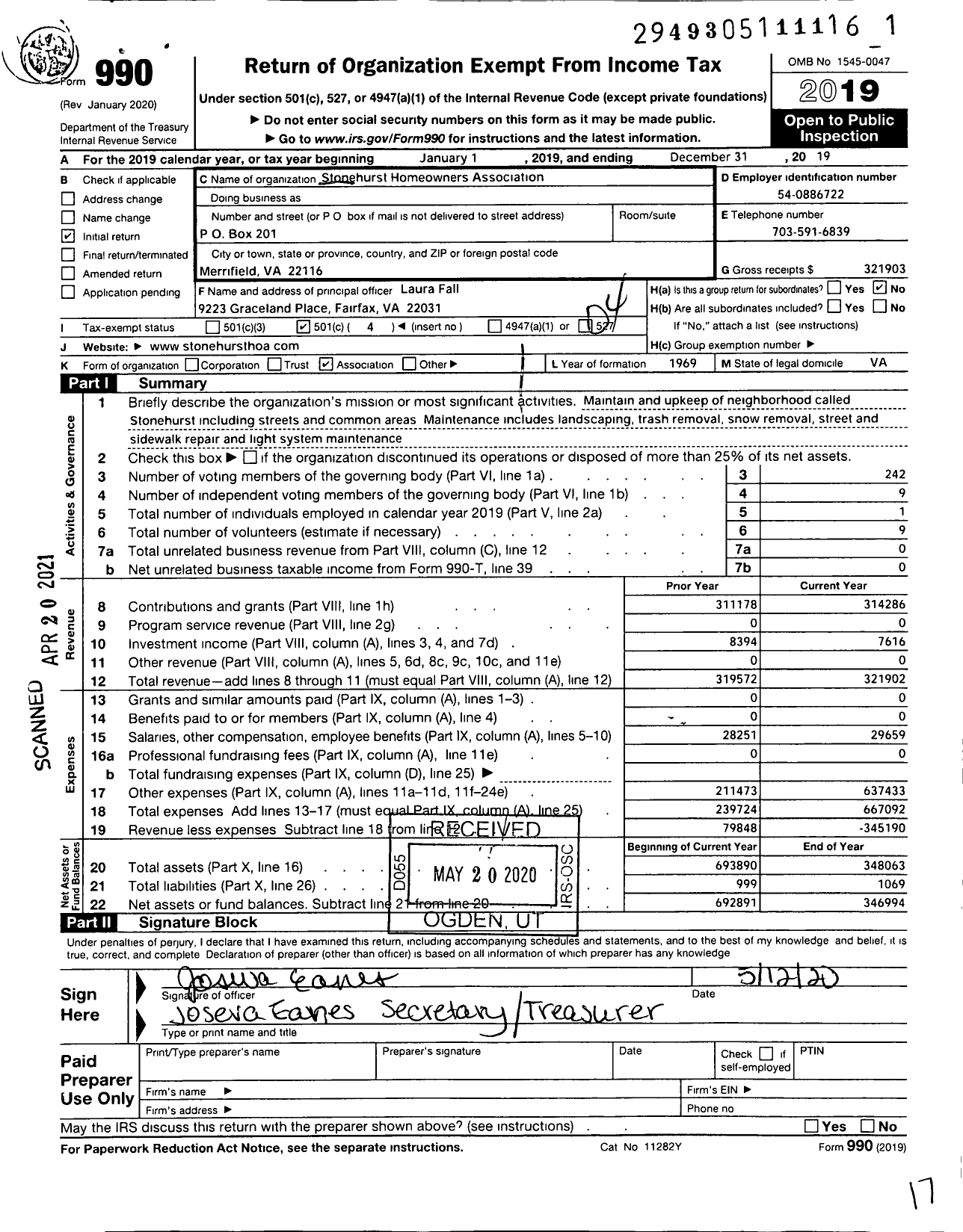 Image of first page of 2019 Form 990O for Stonehurst Homeowners Association