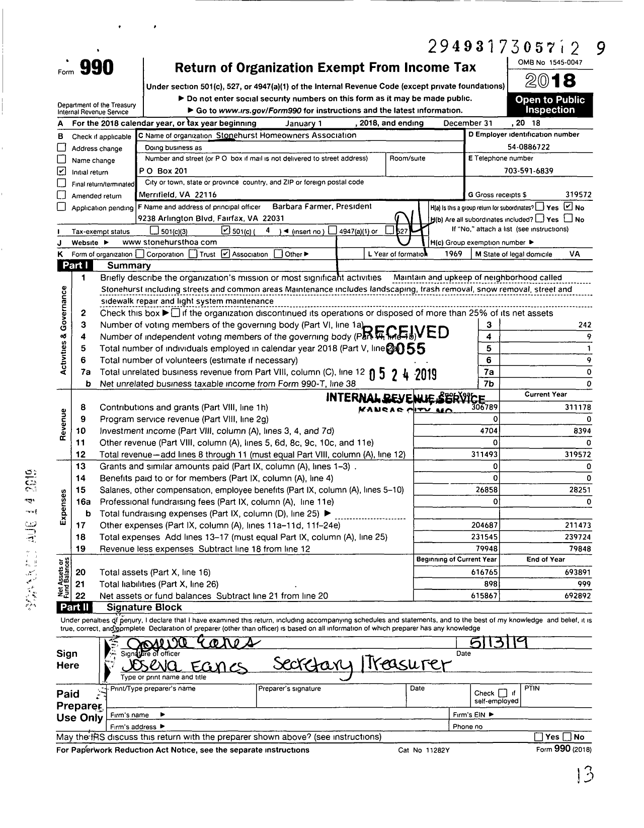 Image of first page of 2018 Form 990O for Stonehurst Homeowners Association