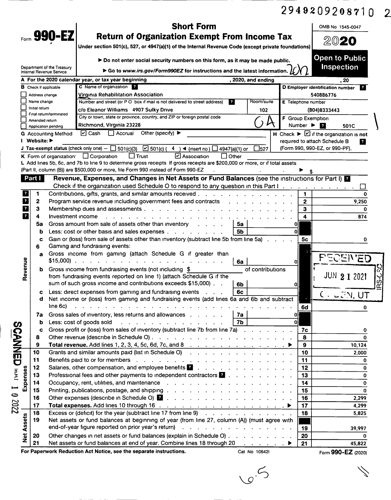 Image of first page of 2020 Form 990EO for Virginia Rehabilitation Association