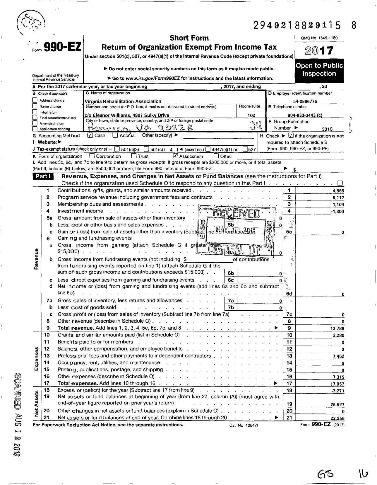 Image of first page of 2017 Form 990EO for Virginia Rehabilitation Association