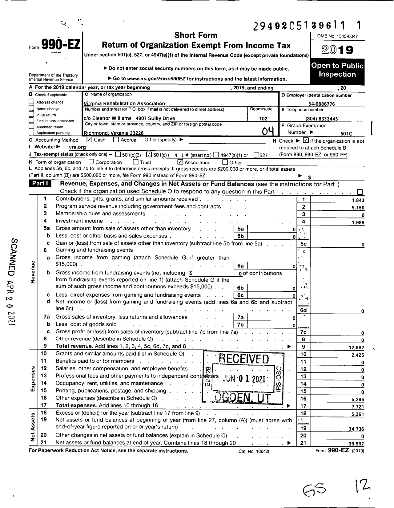 Image of first page of 2019 Form 990EO for Virginia Rehabilitation Association