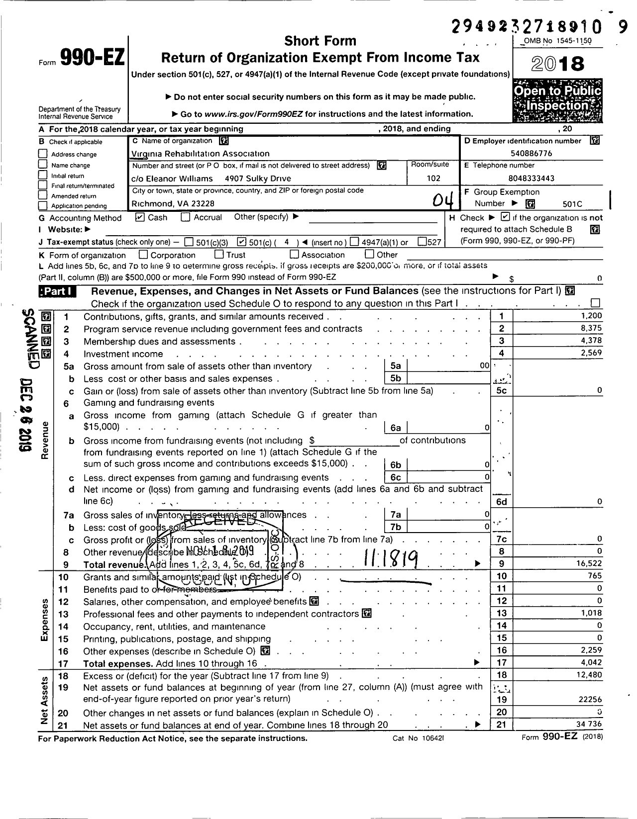 Image of first page of 2018 Form 990EO for Virginia Rehabilitation Association