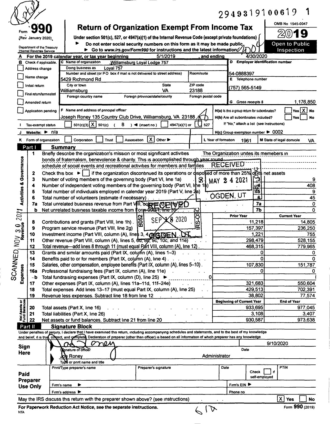 Image of first page of 2019 Form 990O for Loyal Order of Moose - Lodge 757