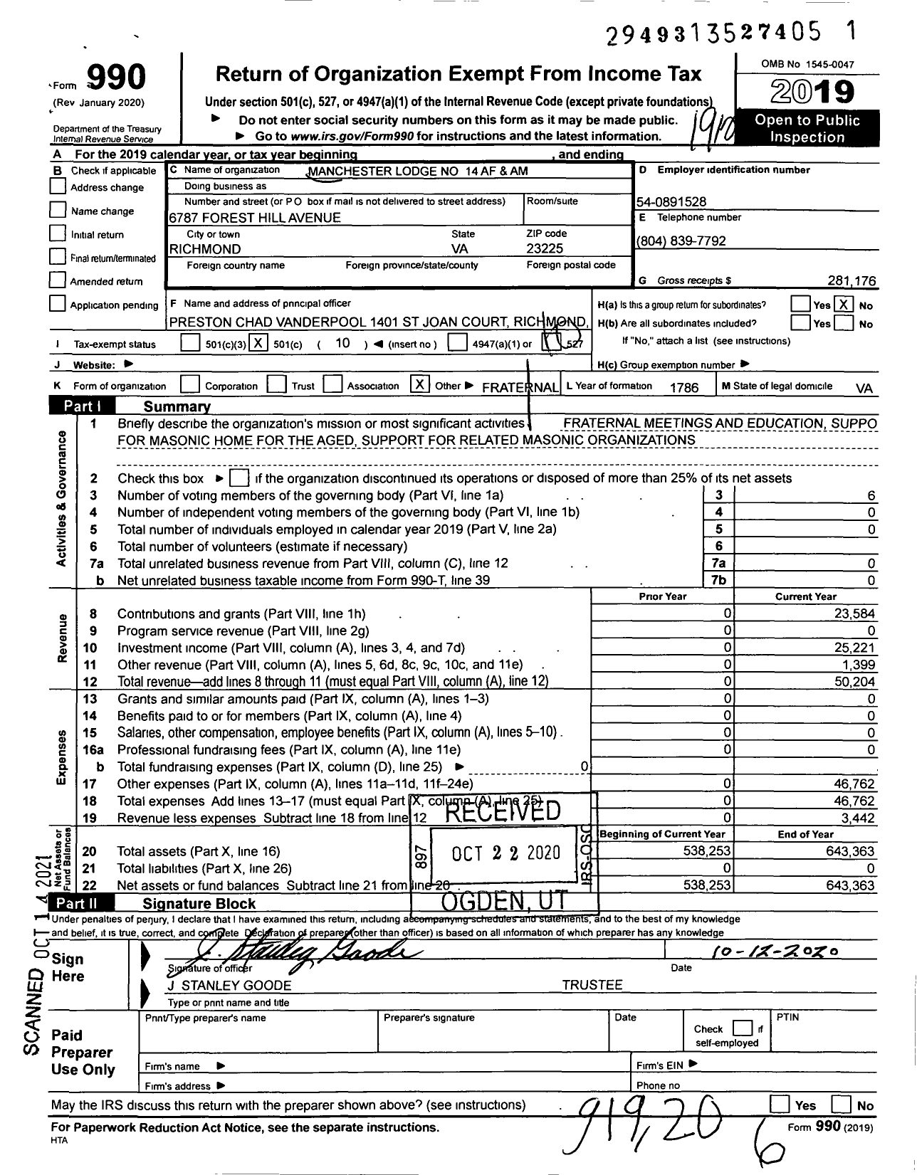 Image of first page of 2019 Form 990O for Free and Accepted Masons of Virginia - Robert Allen Watts Iii