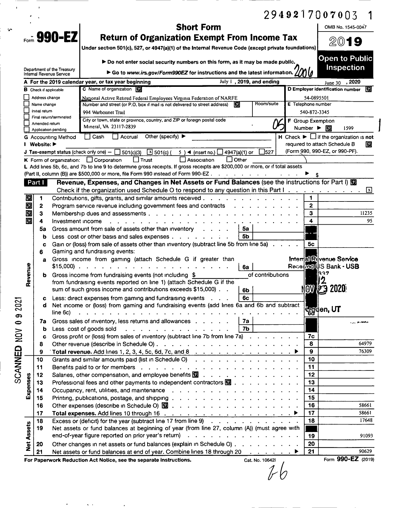 Image of first page of 2019 Form 990EO for National Active Retired Federal Employees Virginia Federation of Narfe