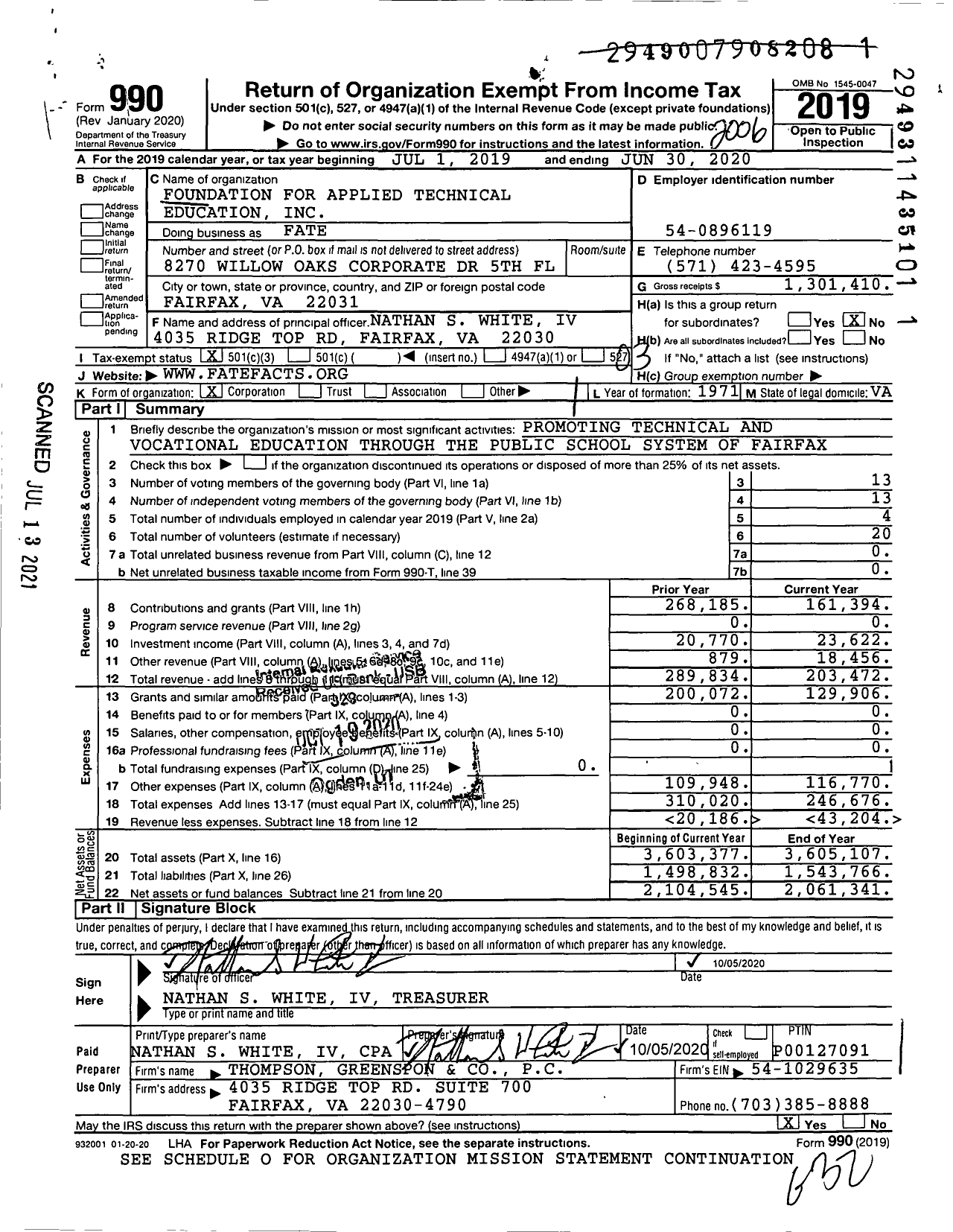 Image of first page of 2019 Form 990 for Foundation for Applied Technical Vocational Education (FATE)