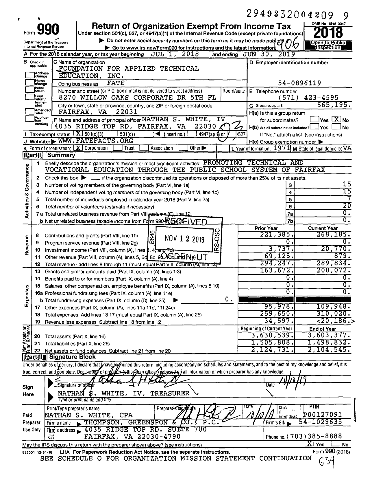 Image of first page of 2018 Form 990 for Foundation for Applied Technical Vocational Education (FATE)