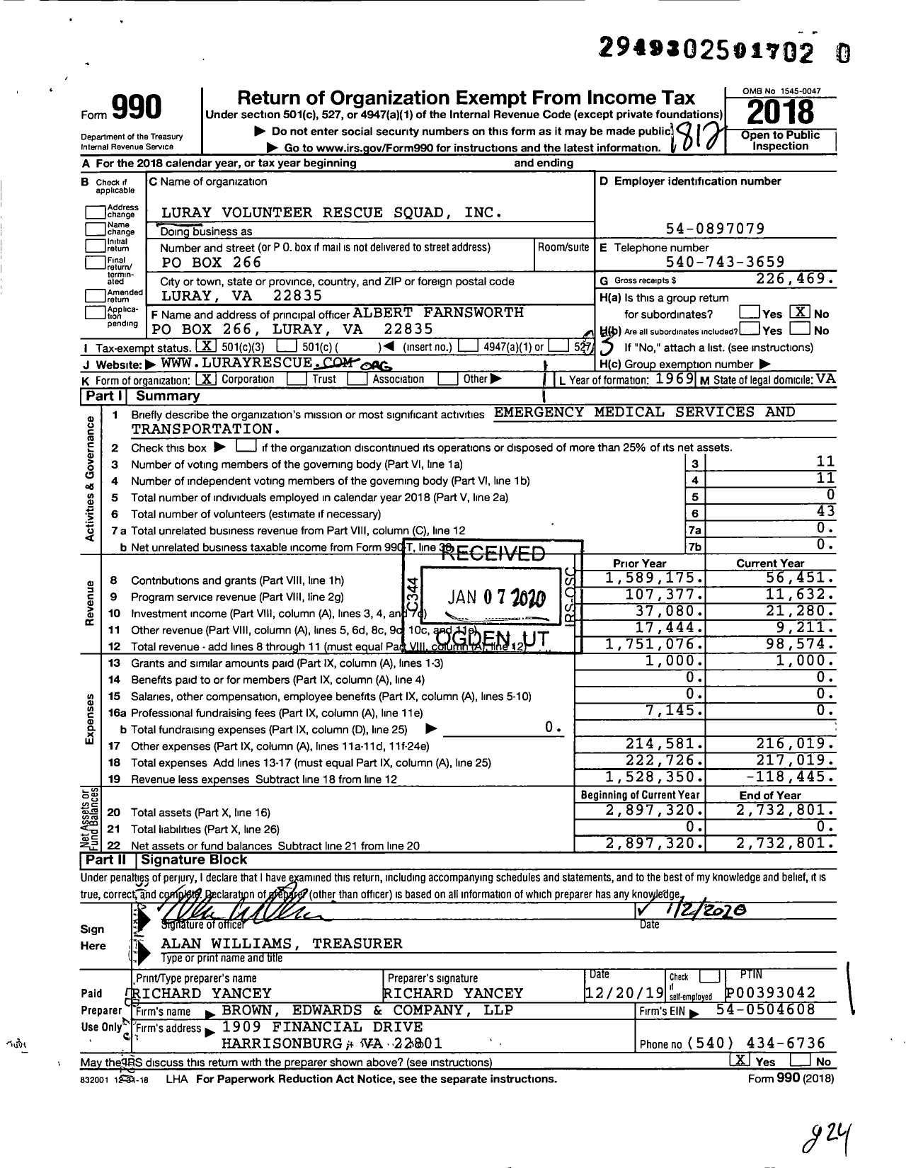 Image of first page of 2018 Form 990 for Luray Volunteer Rescue Squad