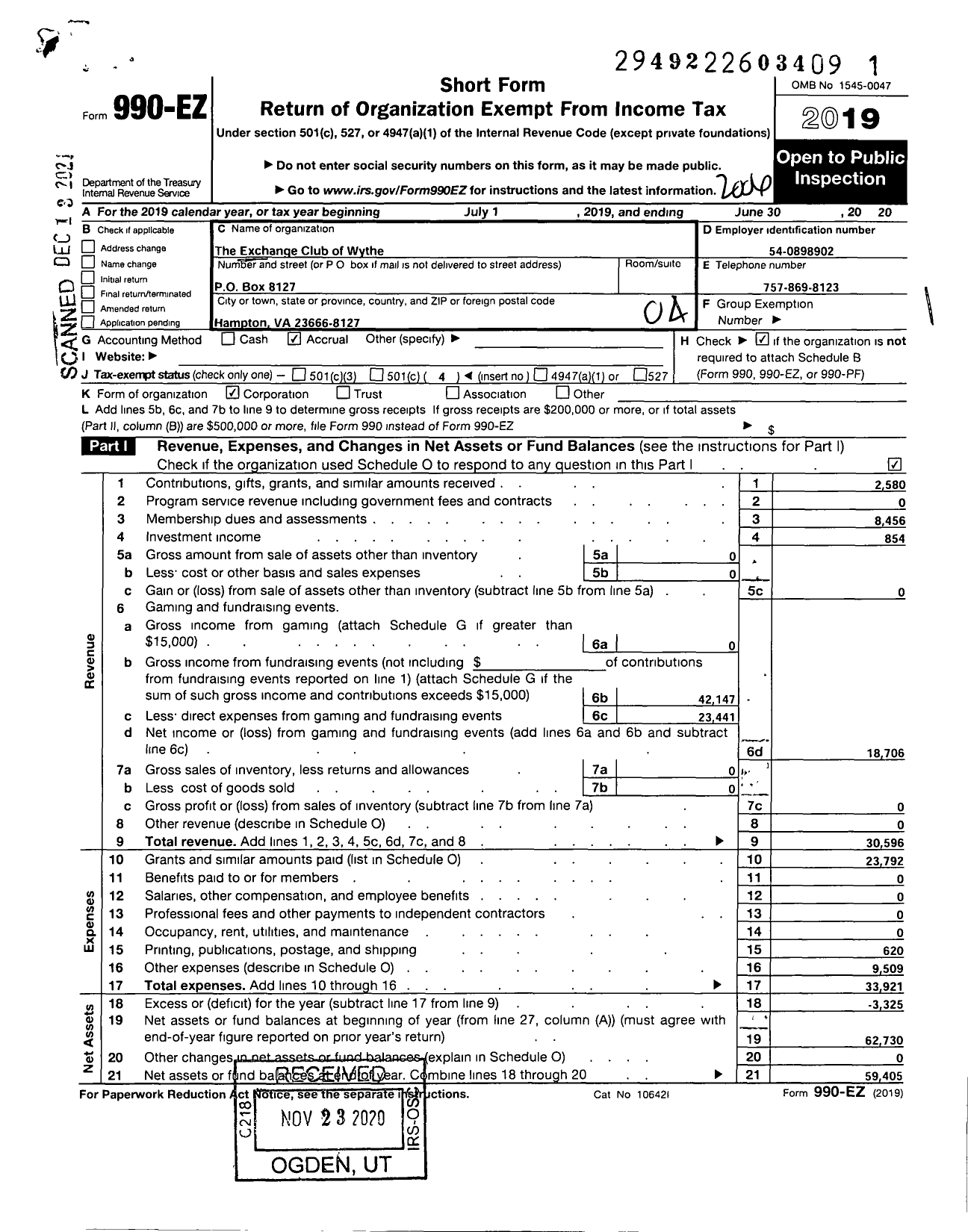 Image of first page of 2019 Form 990EO for National Exchange Club - 2217 Wythe-Hampton