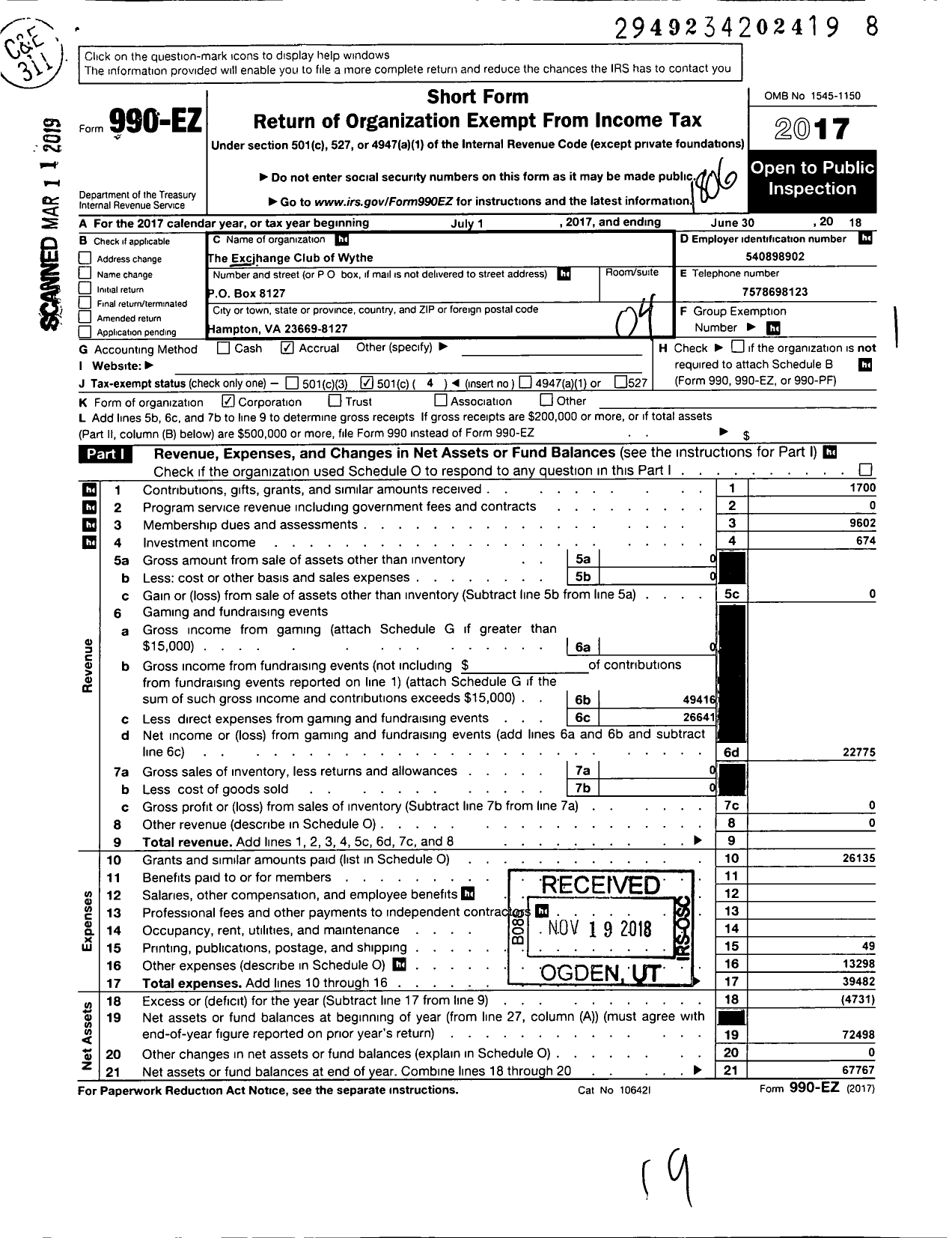 Image of first page of 2017 Form 990EO for National Exchange Club - 2217 Wythe-Hampton