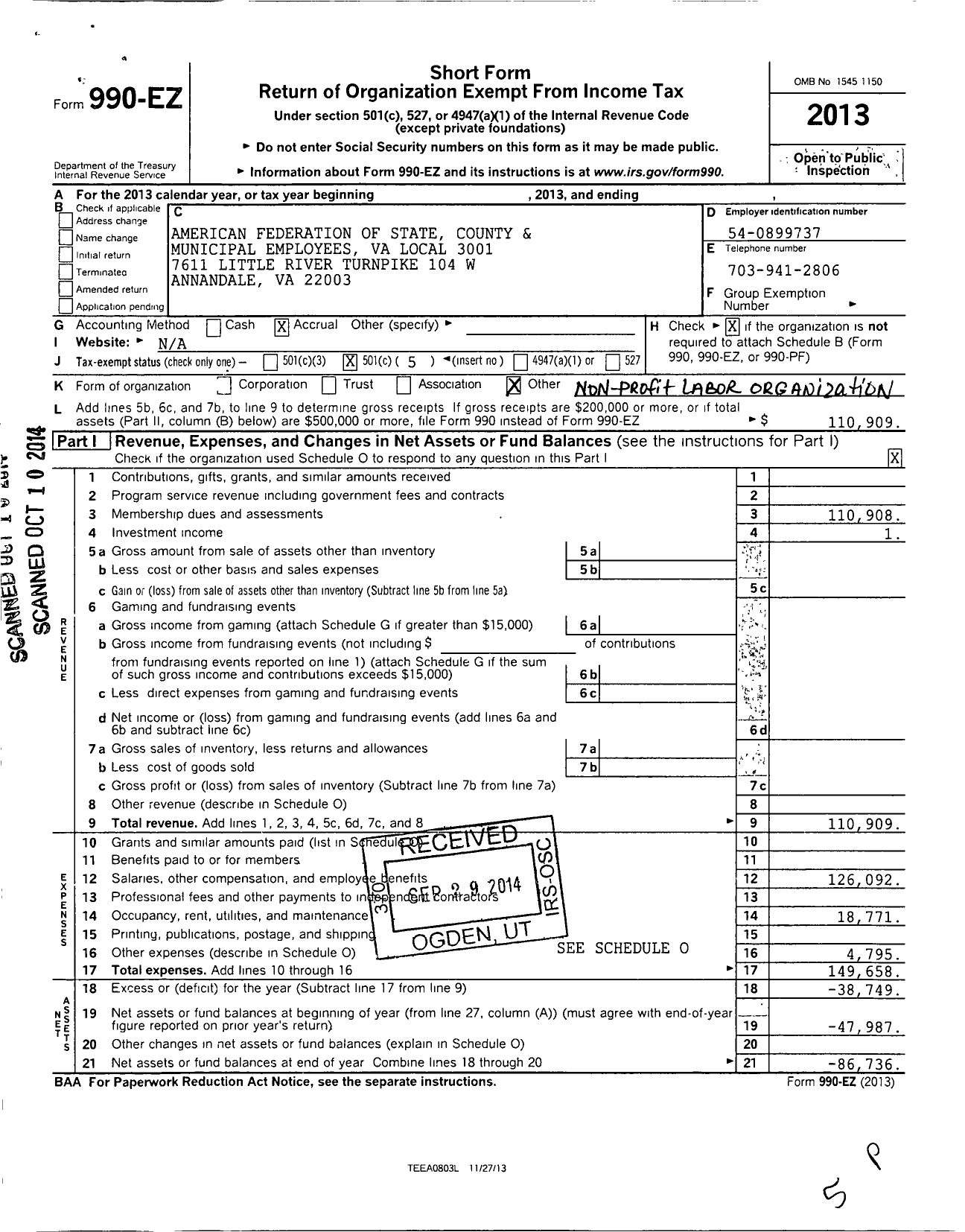 Image of first page of 2013 Form 990EO for American Federation of State County & Municipal Employees - L3001va Va Public Employees Union