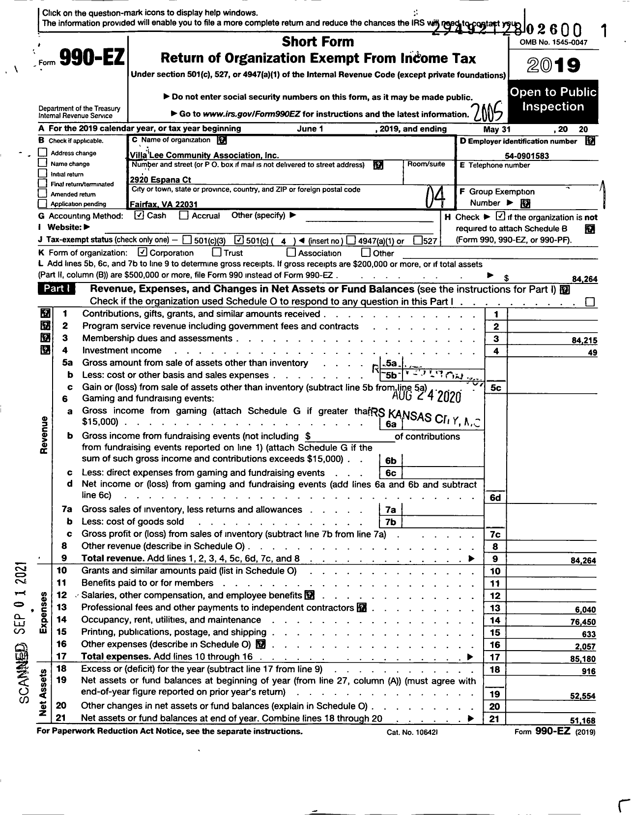 Image of first page of 2019 Form 990EO for Villa Lee Community Association