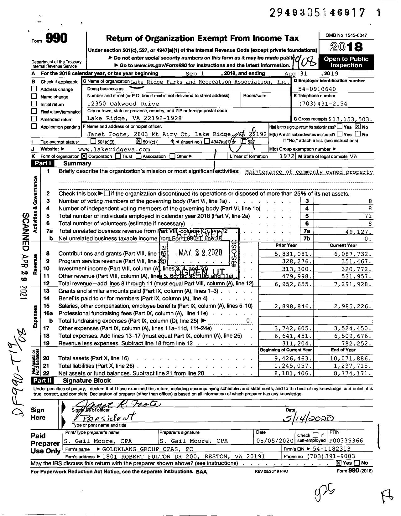 Image of first page of 2018 Form 990O for Lake Ridge Parks and Recreation Association (LRPRA)