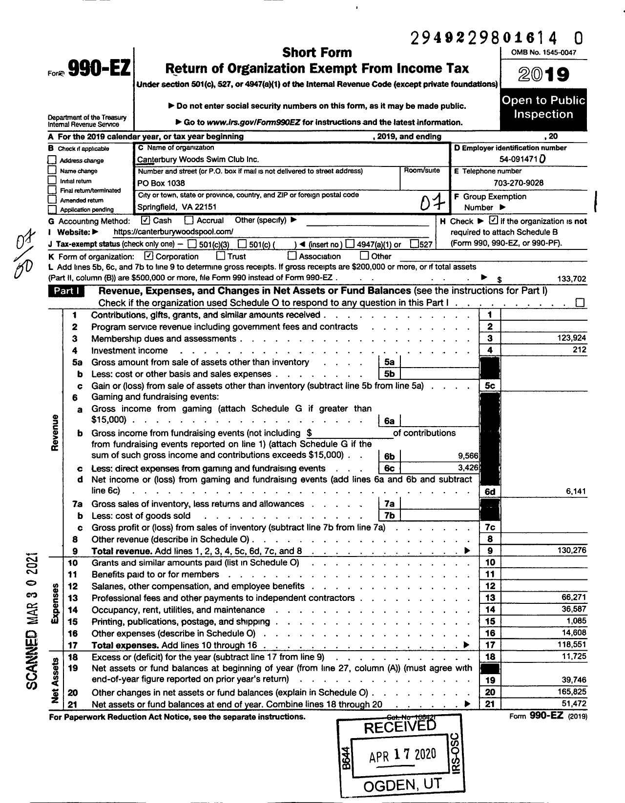 Image of first page of 2019 Form 990EO for Canterbury Woods Swim Club