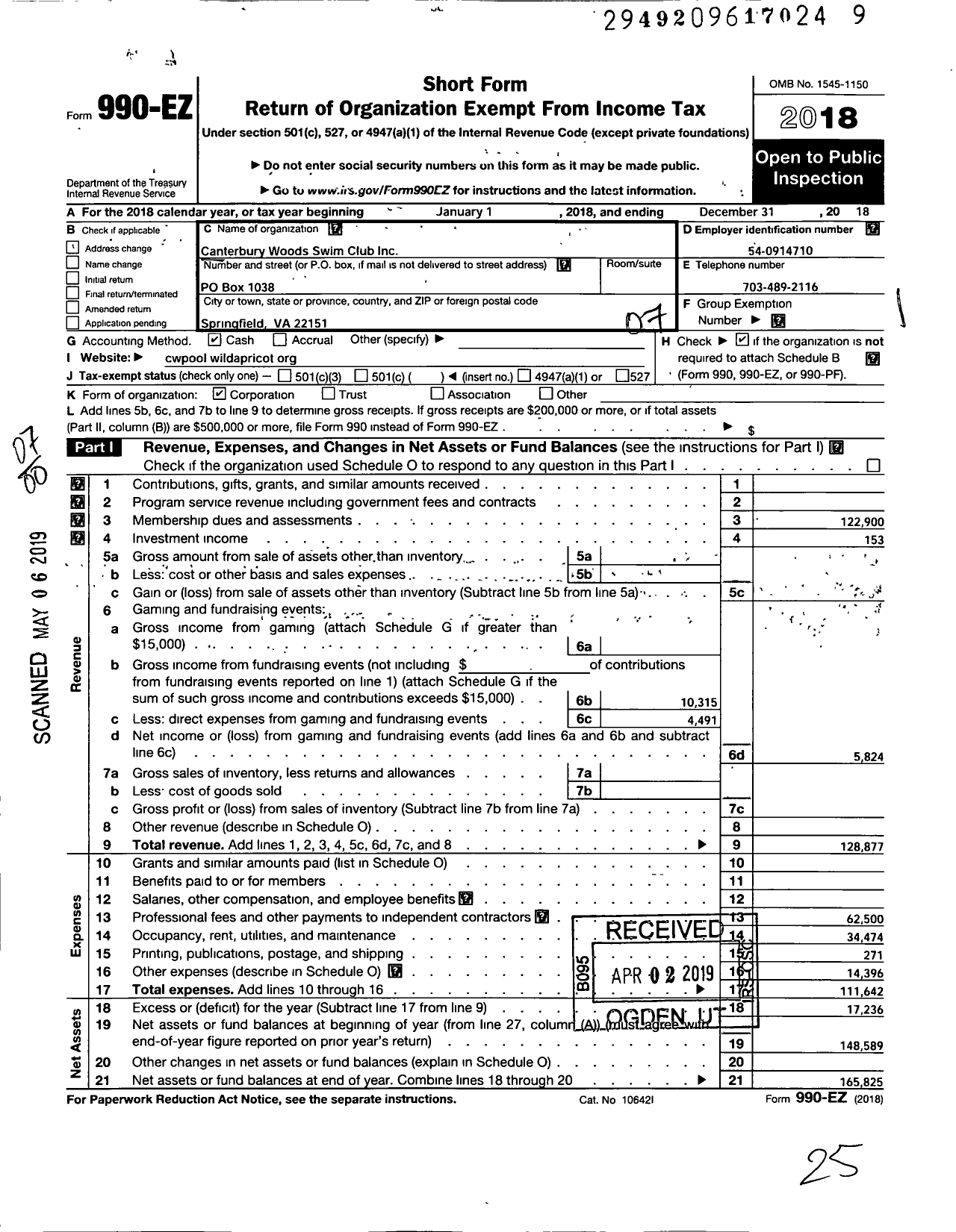 Image of first page of 2018 Form 990EO for Canterbury Woods Swim Club