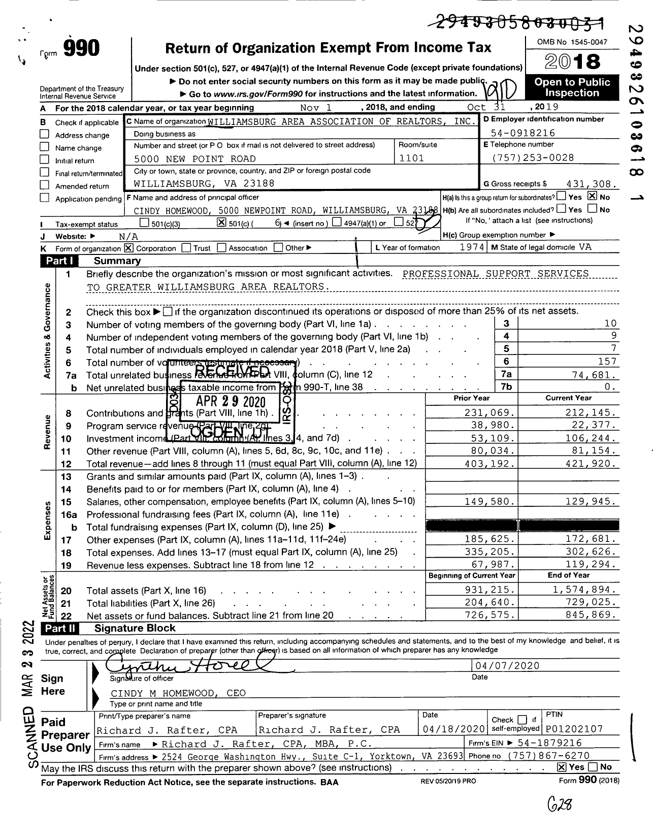 Image of first page of 2018 Form 990 for Williamsburg Area Association of Realtors