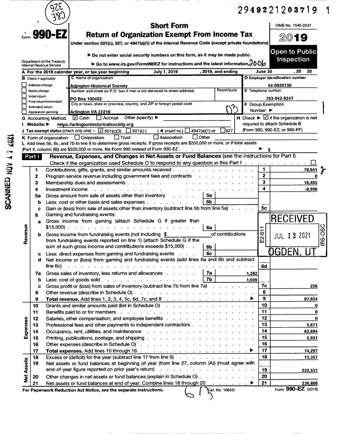 Image of first page of 2019 Form 990EZ for Arlington Historical Society