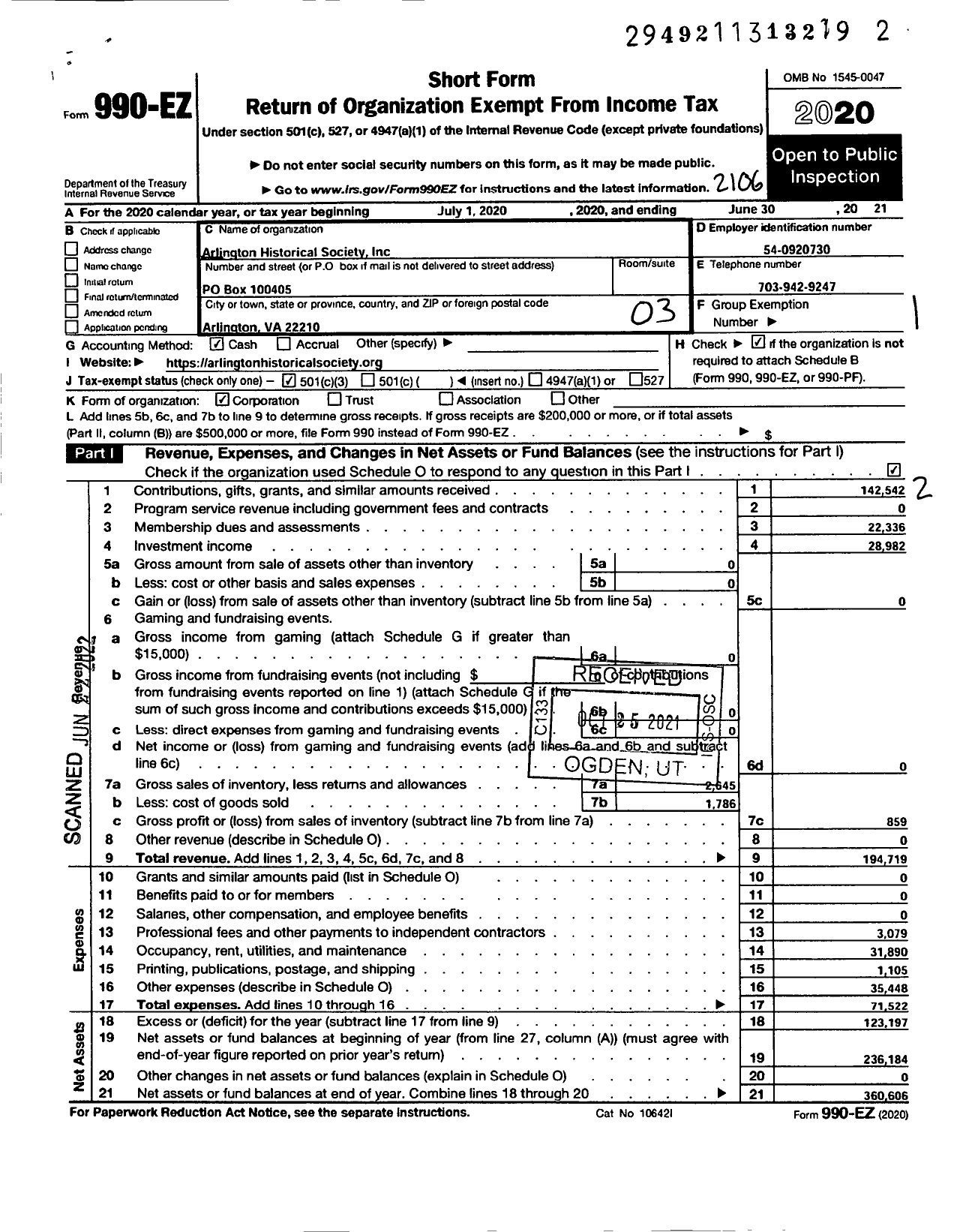 Image of first page of 2020 Form 990EZ for Arlington Historical Society