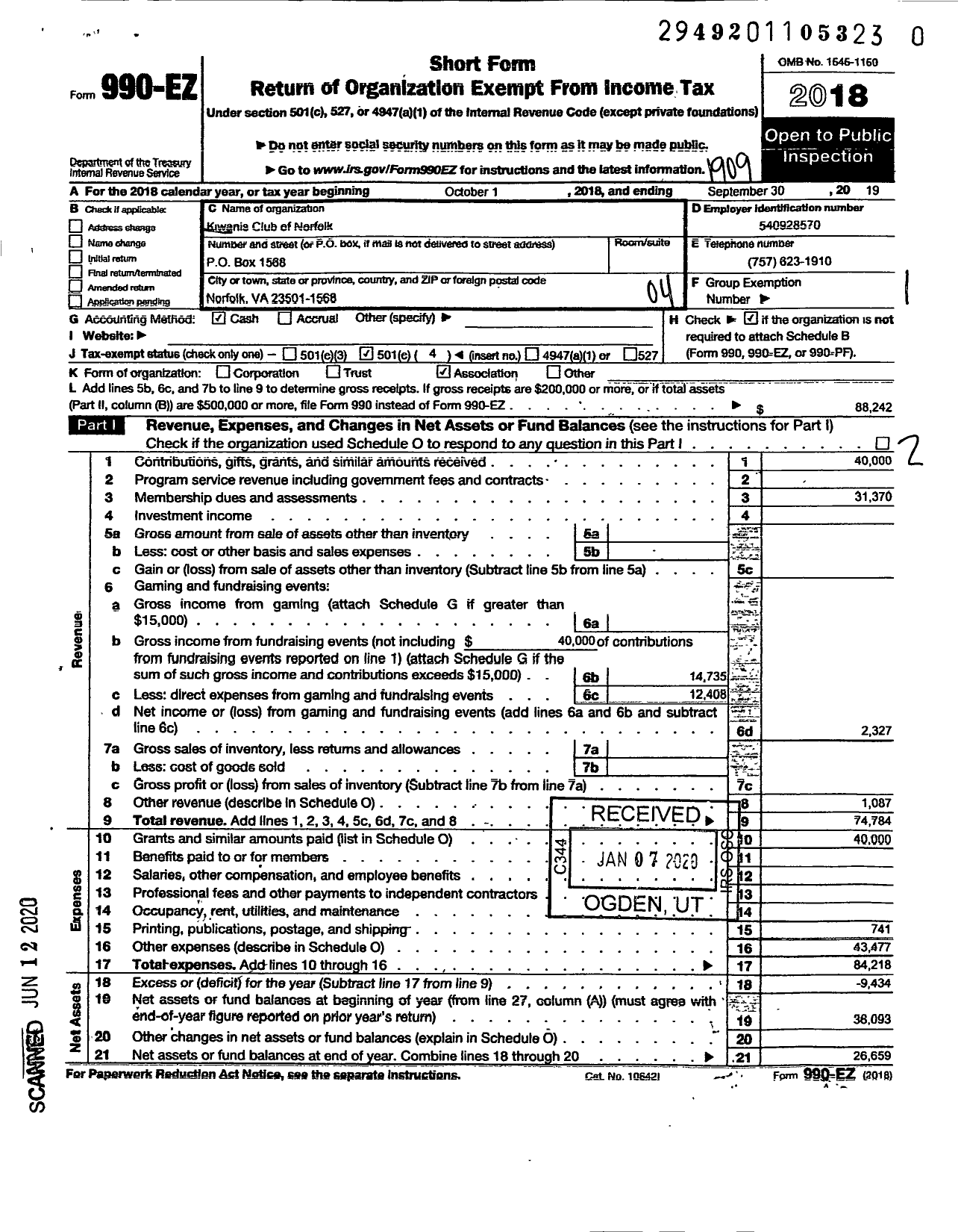 Image of first page of 2018 Form 990EO for Kiwanis International - Kiwanis Club of Norfolk