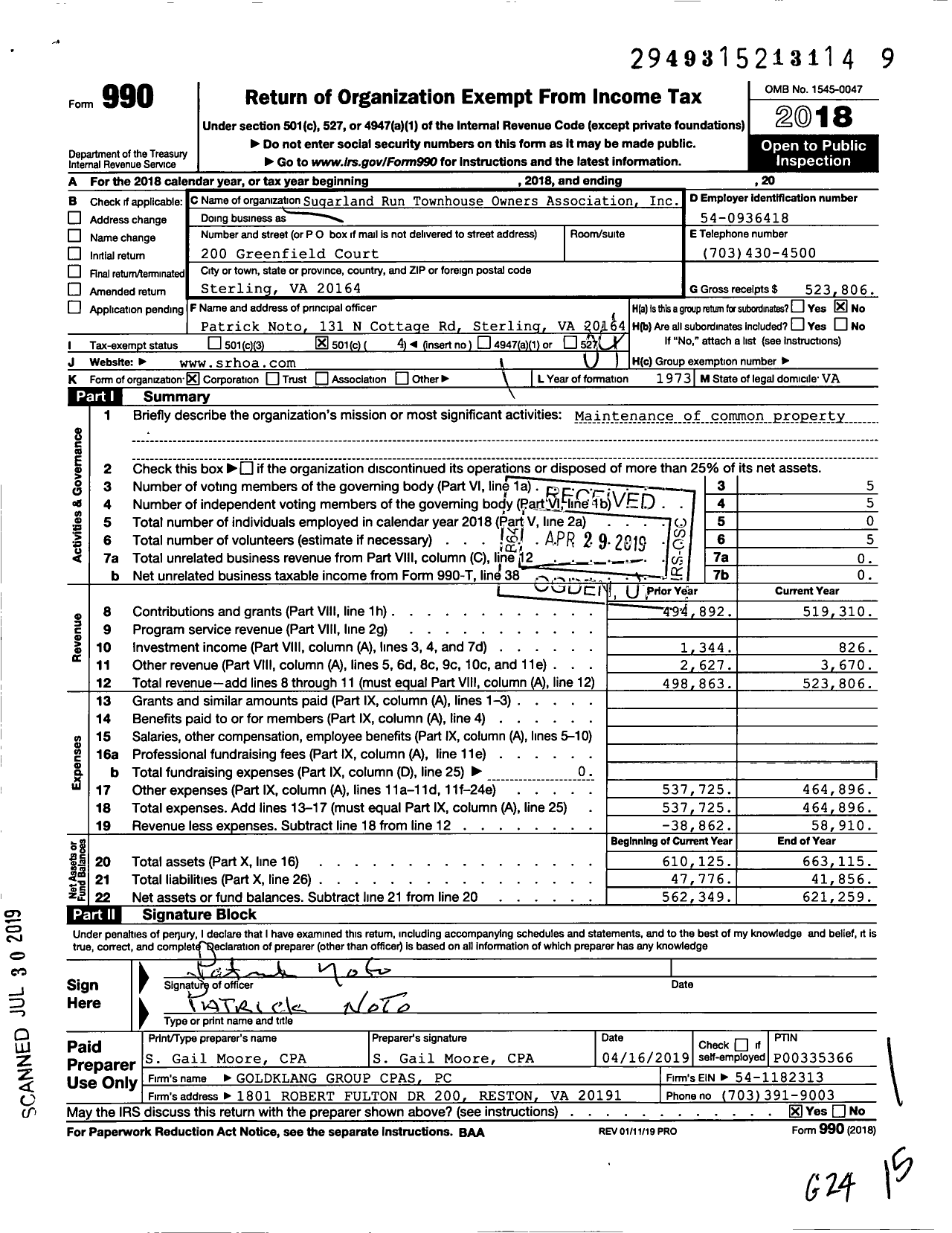 Image of first page of 2018 Form 990O for Sugarland Run Townhouse Owners Association