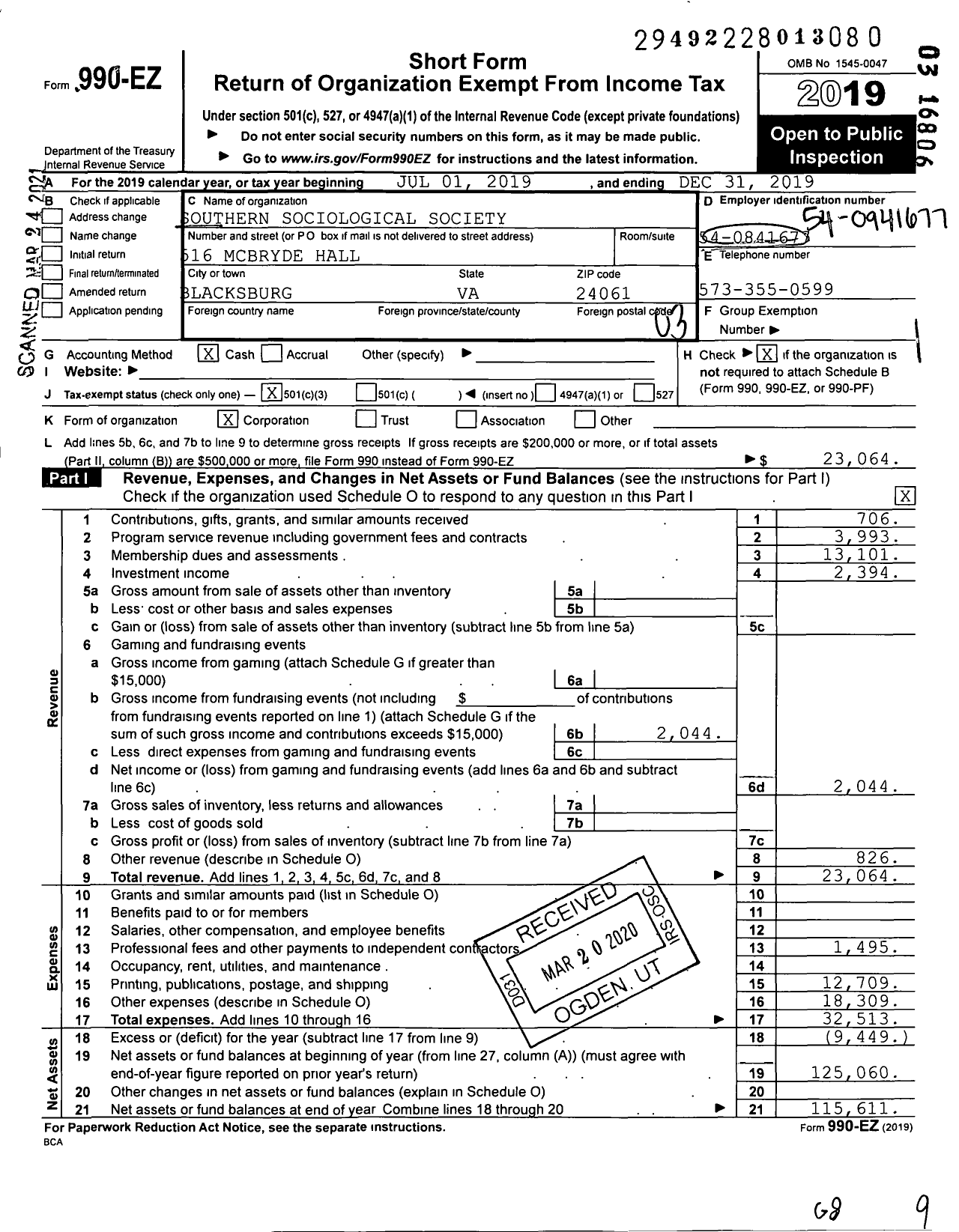 Image of first page of 2019 Form 990EZ for Southern Sociological Society