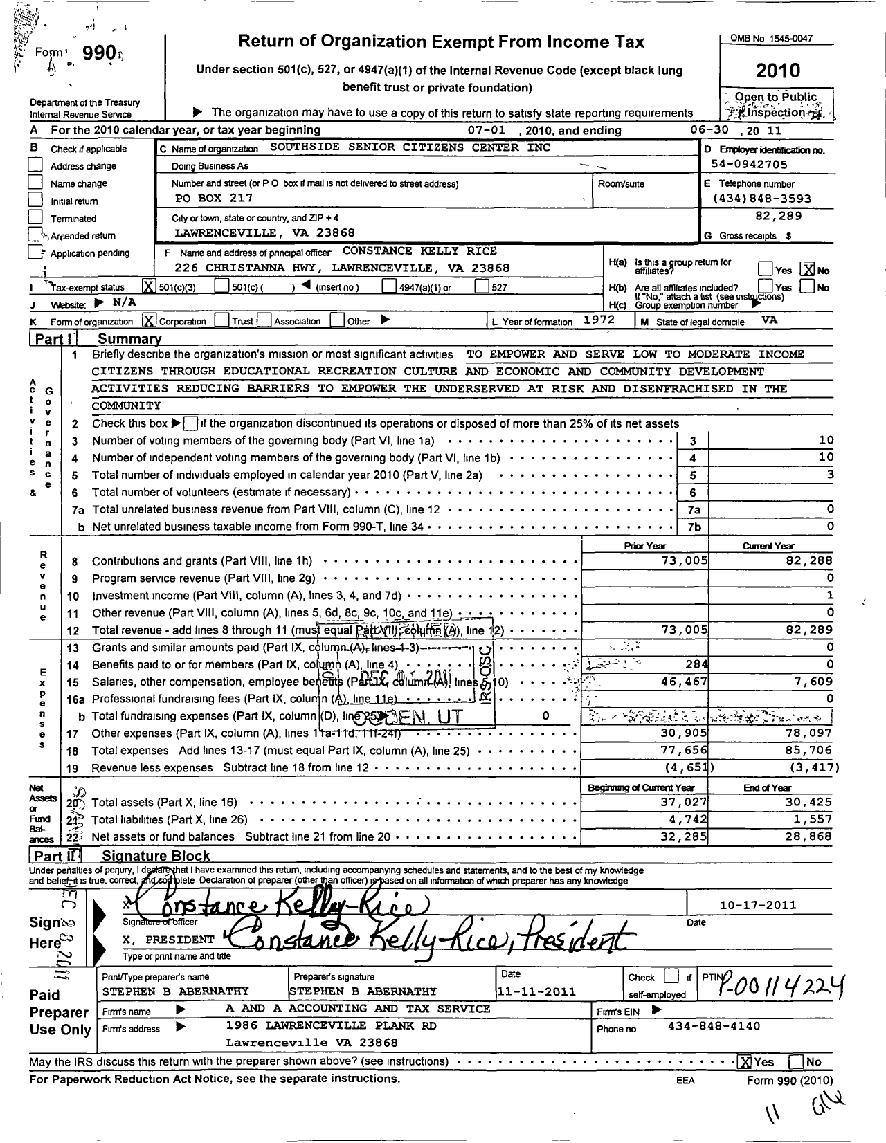 Image of first page of 2010 Form 990 for Southside Senior Citizens Center