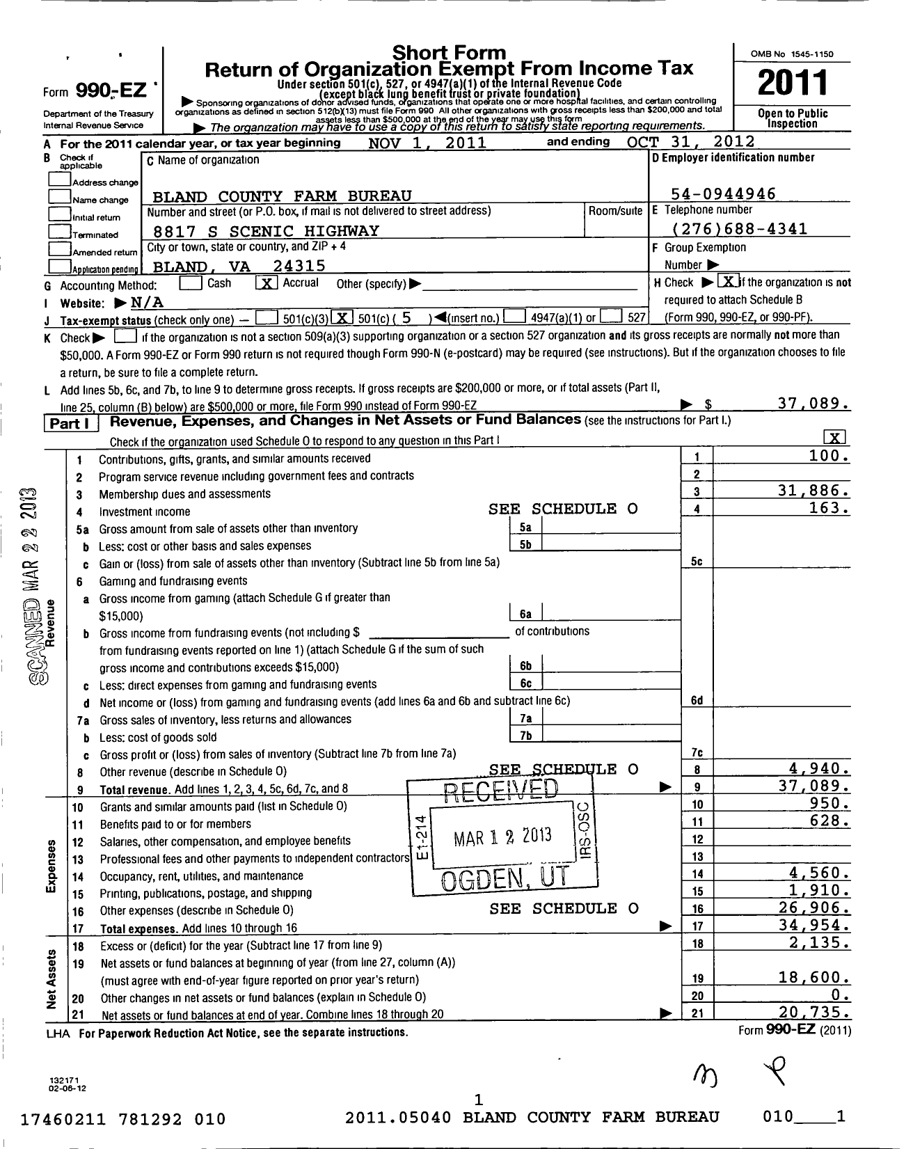 Image of first page of 2011 Form 990EO for Bland County Farm Bureau